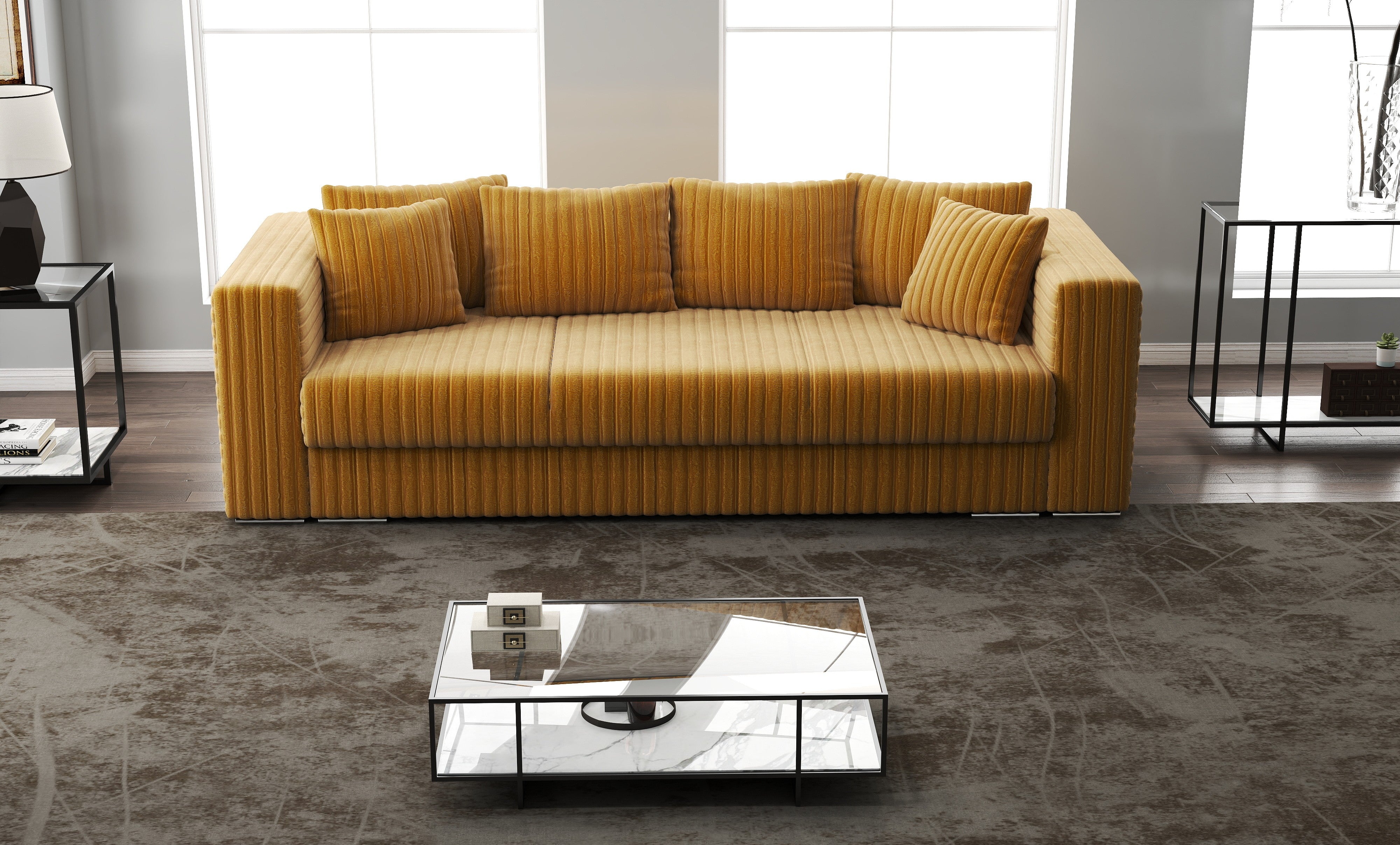 Canapea extensibilă dumonde cu ladă de depozitare si sezut confortabil din spuma HR, Gloria Ambience Mustar 240x100 cm Fabrica