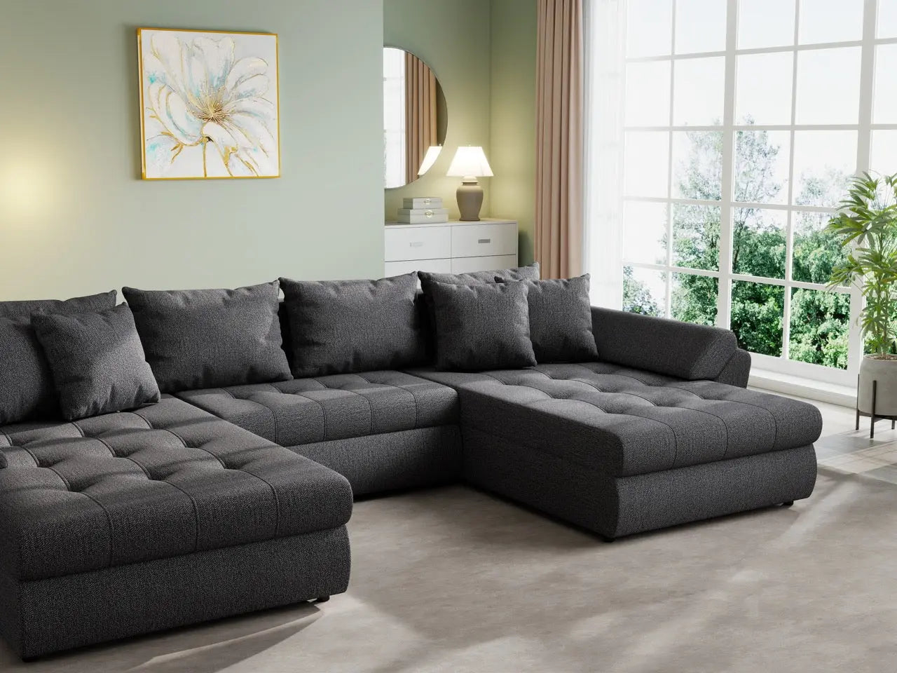 Colțar extensibil dumonde cu ladă de depozitare si sezut confortabil din spuma HR, Loana U Enjoy Grafit 355x185 cm Fabrica