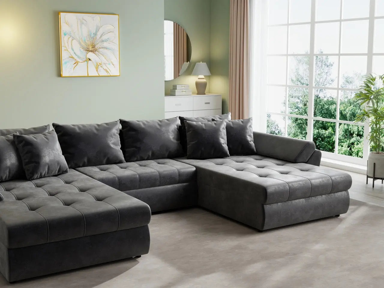 Colțar extensibil dumonde cu ladă de depozitare si sezut confortabil din spuma HR, Loana U Dark Brown 355x185 cm Fabrica