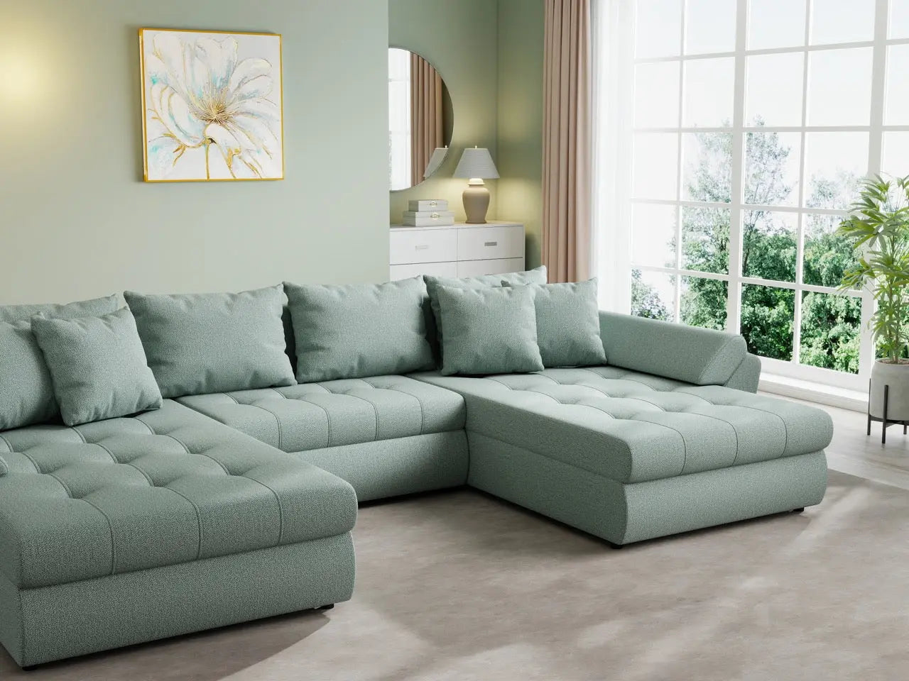 Colțar extensibil dumonde cu ladă de depozitare si sezut confortabil din spuma HR, Loana U Enjoy Mint 355x185 cm Fabrica