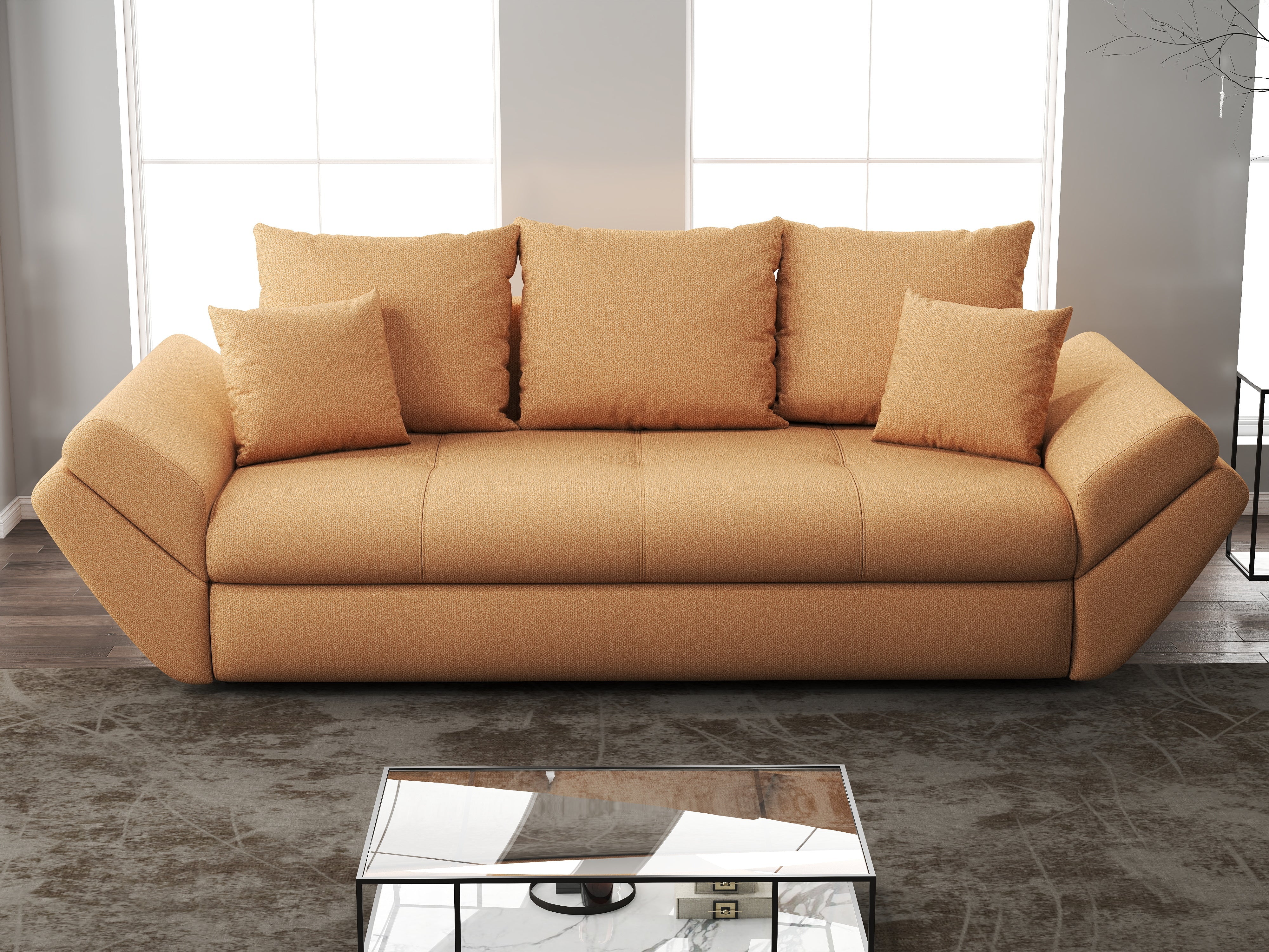 Canapea extensibilă dumonde cu ladă de depozitare si sezut confortabil din spuma HR, Loana Enjoy Mango 250x100 cm Fabrica