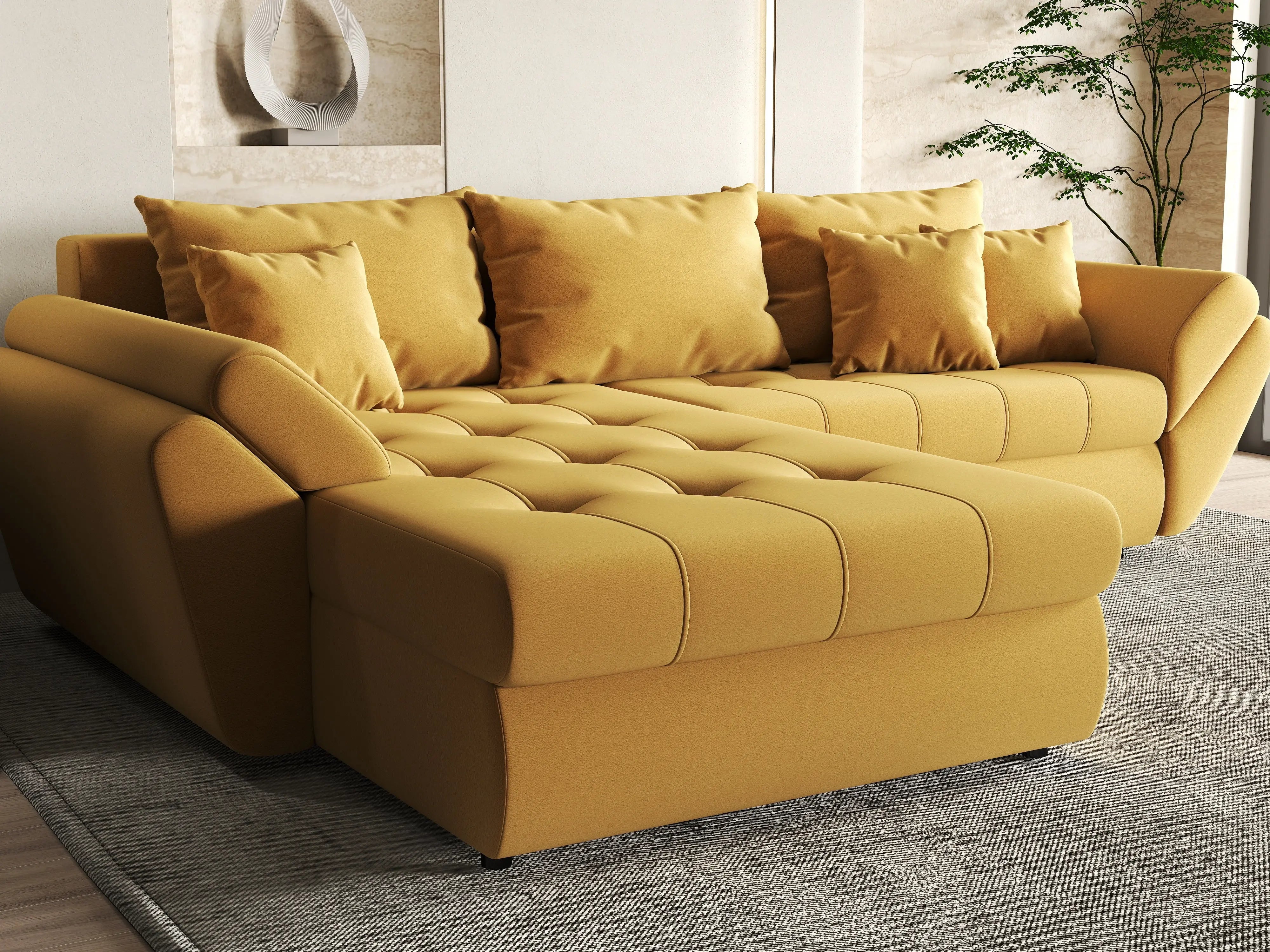 Colțar extensibil dumonde cu ladă de depozitare si sezut confortabil din spuma HR, Loana Muștar 270x185 cm Fabrica