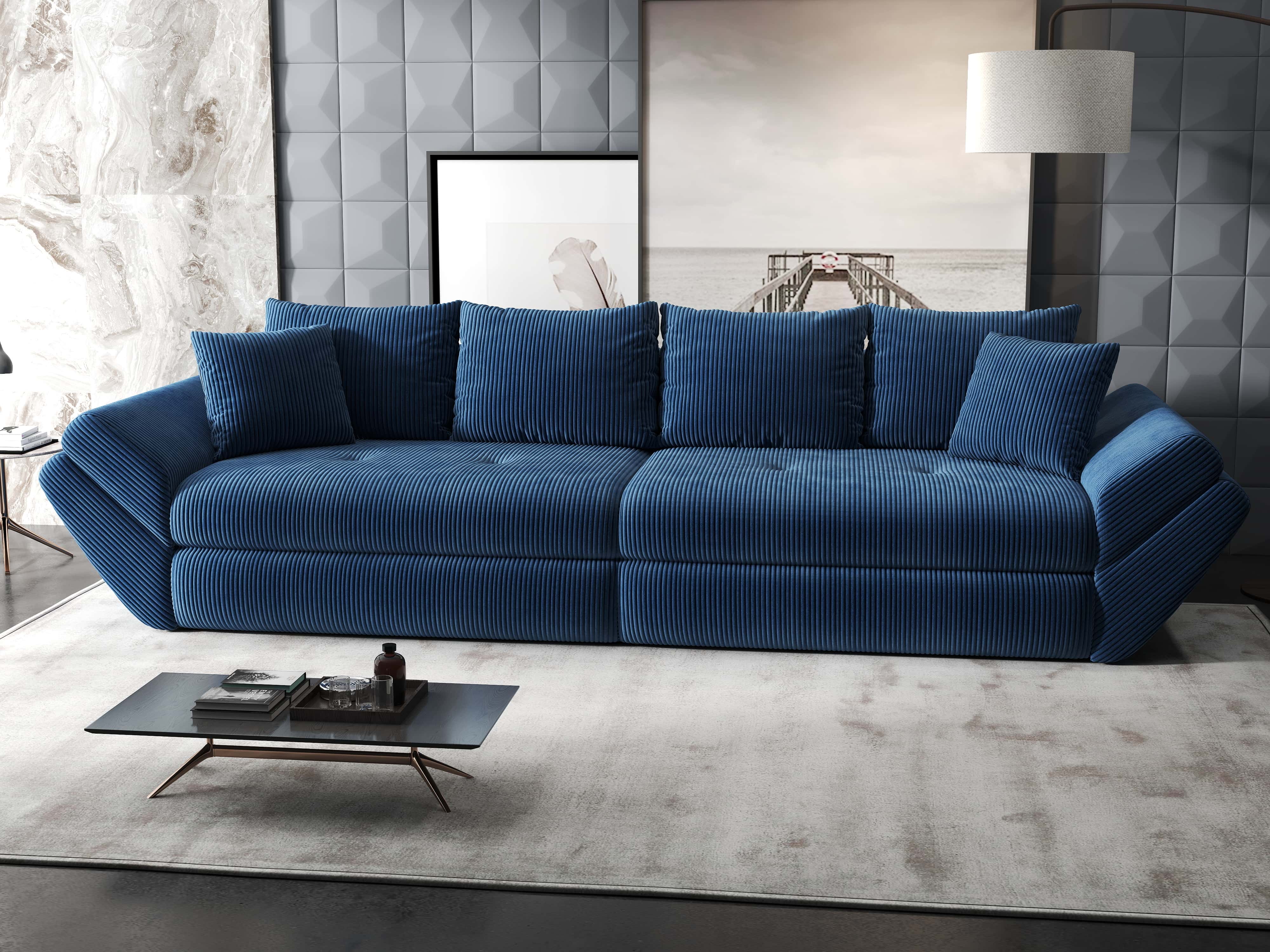 Canapea extensibilă dumonde cu ladă de depozitare si sezut confortabil din spuma HR, Loana Zoom Albastru 300x100 cm Fabrica