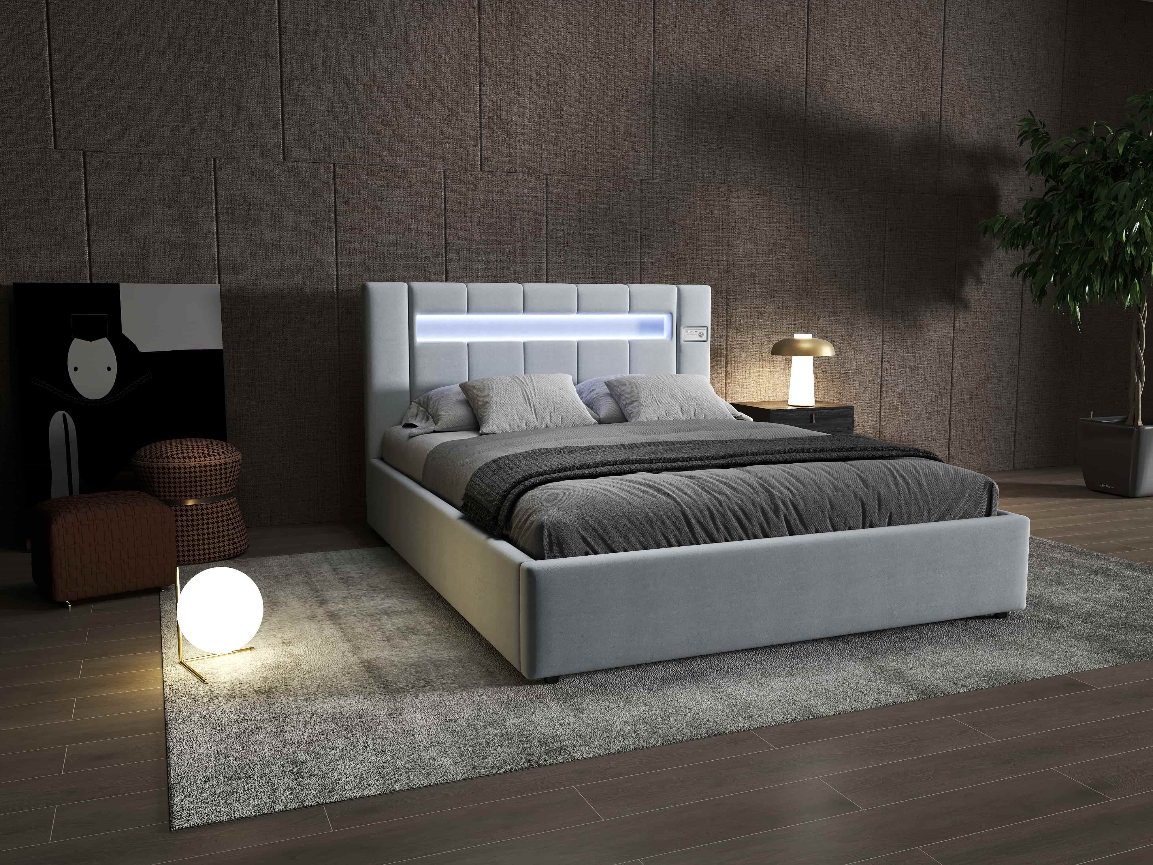 Pat dormitor dumonde, tapitat gri, Glow 180x200 cm, somiera rabatabila inclusa, spatiu depozitare WLS