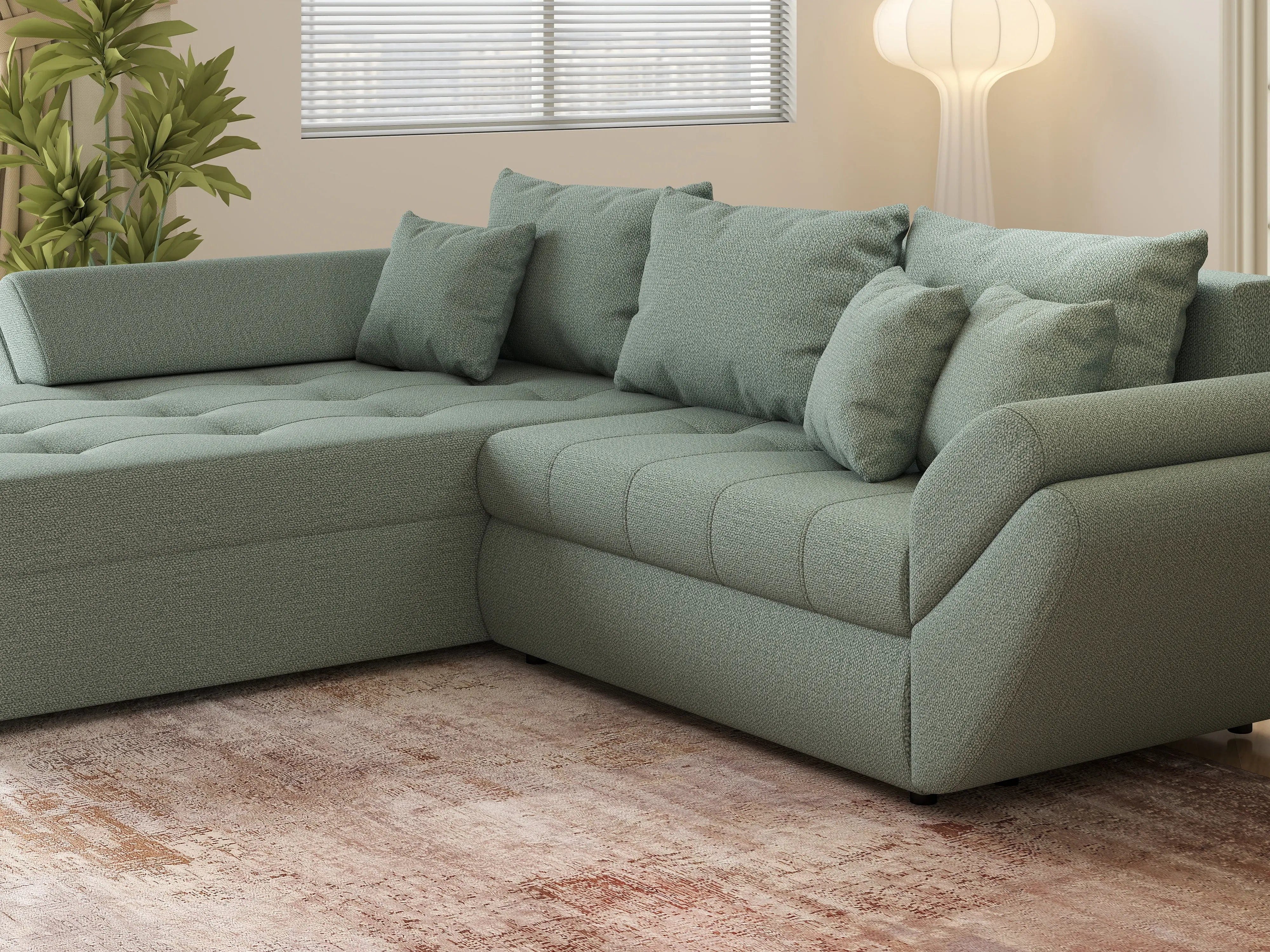 Colțar extensibil dumonde cu ladă de depozitare si sezut confortabil din spuma HR, Loana Mint 270x185 cm Fabrica
