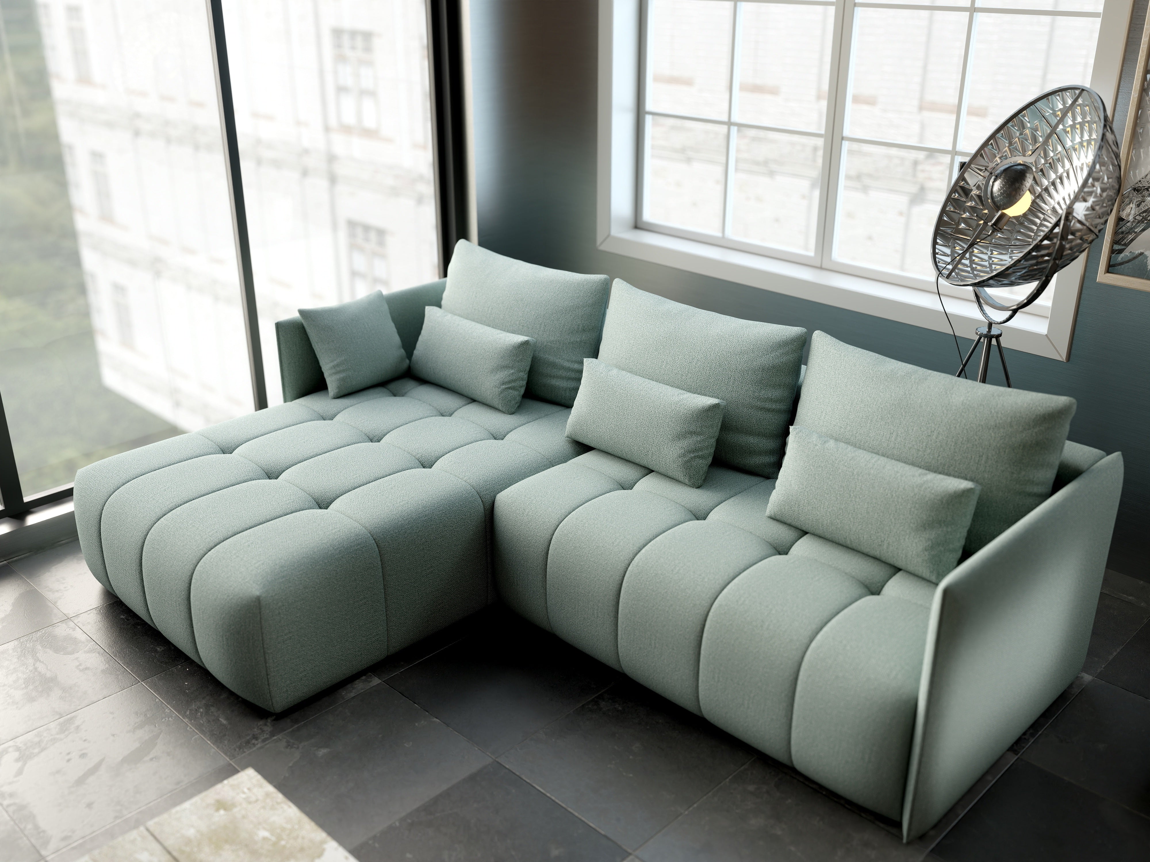 Colțar extensibil dumonde cu ladă de depozitare si sezut confortabil din spuma HR, Malta Enjoy Mint 235x185 cm Fabrica