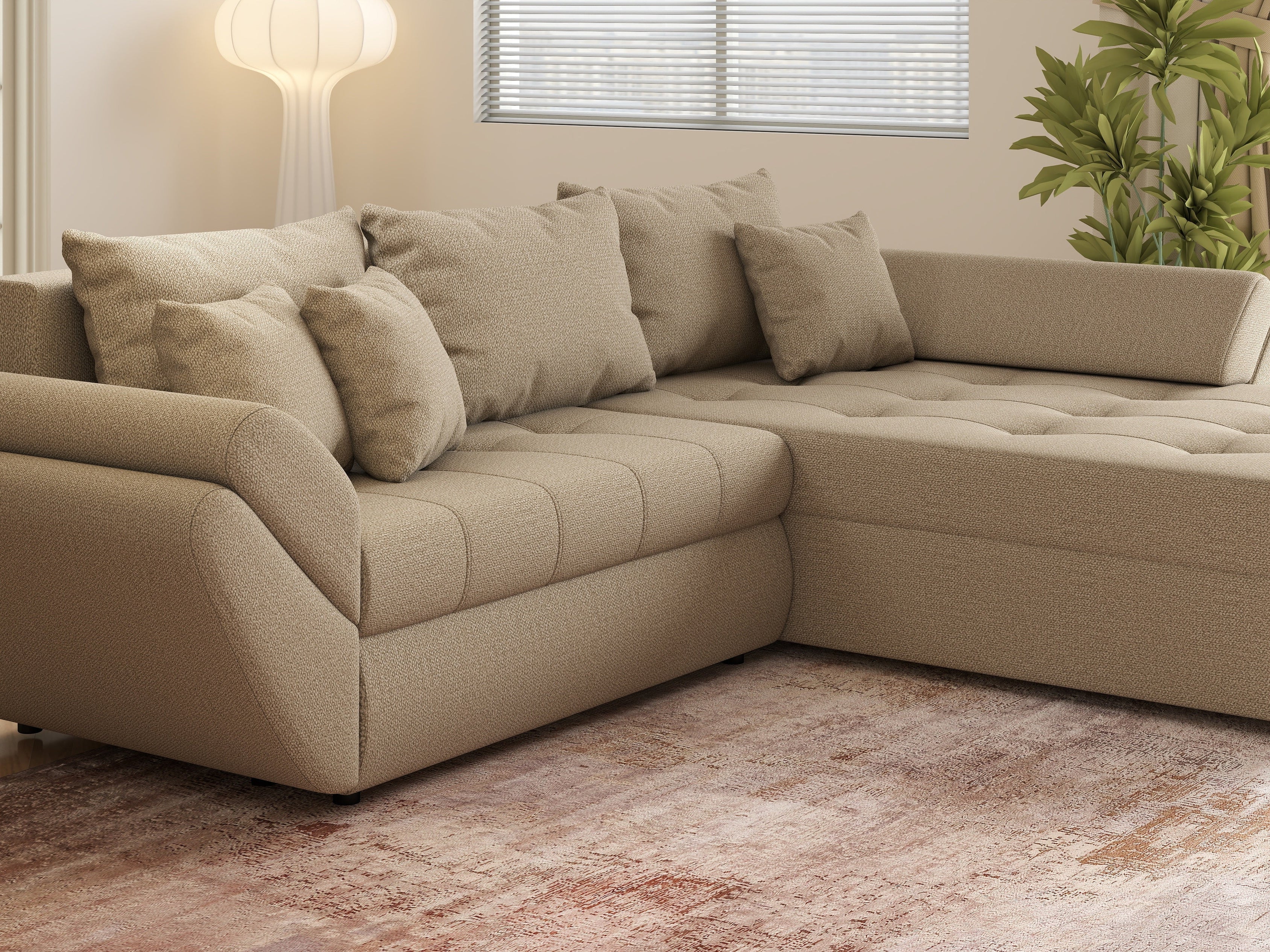 Colțar extensibil dumonde cu ladă de depozitare si sezut confortabil din spuma HR, Loana Enjoy Camel II 270x185 cm Fabrica