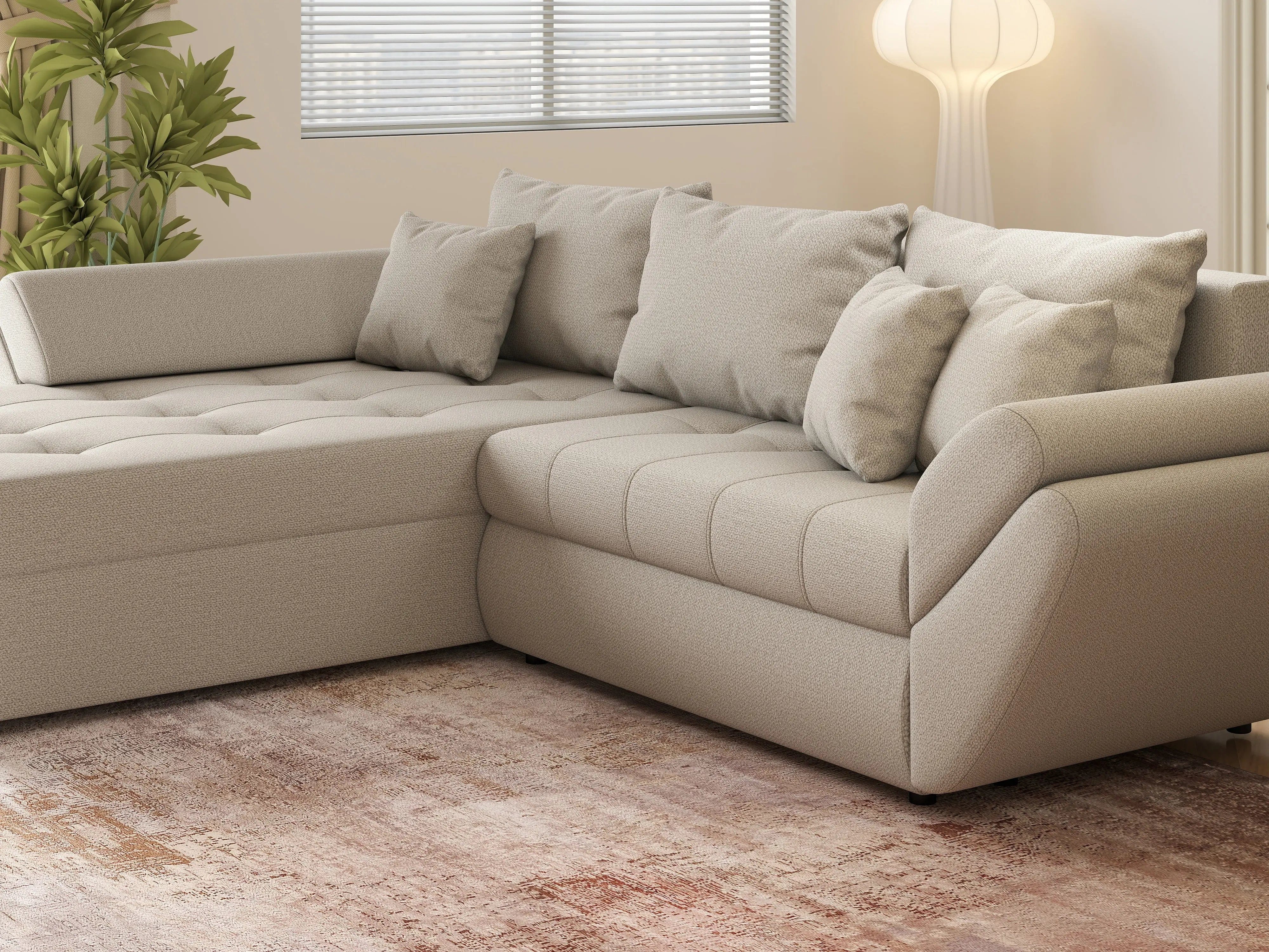 Colțar extensibil dumonde cu ladă de depozitare si sezut confortabil din spuma HR, Loana Bej 270x185 cm Fabrica
