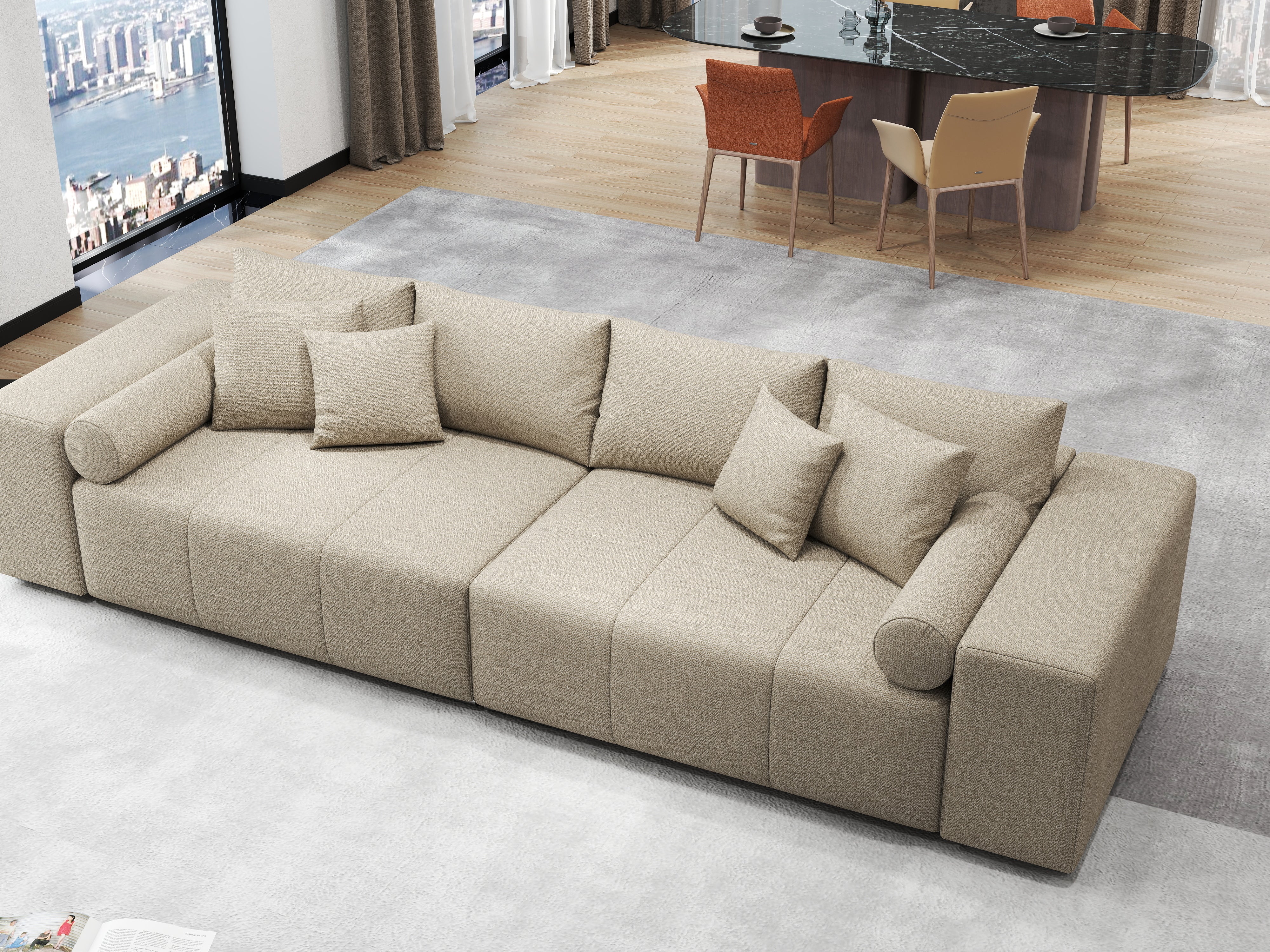 Canapea extensibilă dumonde cu ladă de depozitare si sezut confortabil din spuma HR, Marbela Enjoy Camel XXL 295x100 cm fabrica