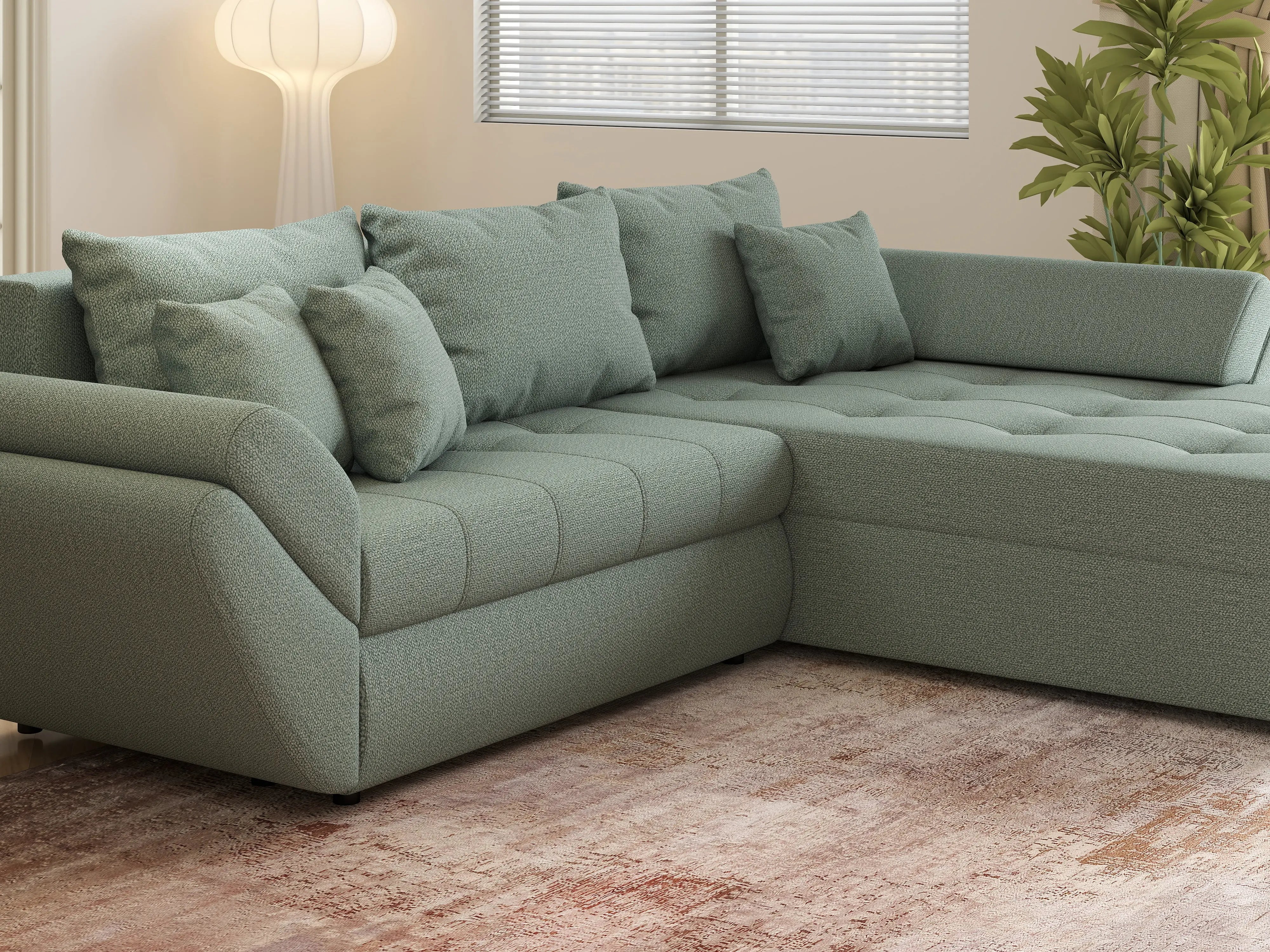 Colțar extensibil dumonde cu ladă de depozitare si sezut confortabil din spuma HR, Loana Mint II 270x185 cm Fabrica