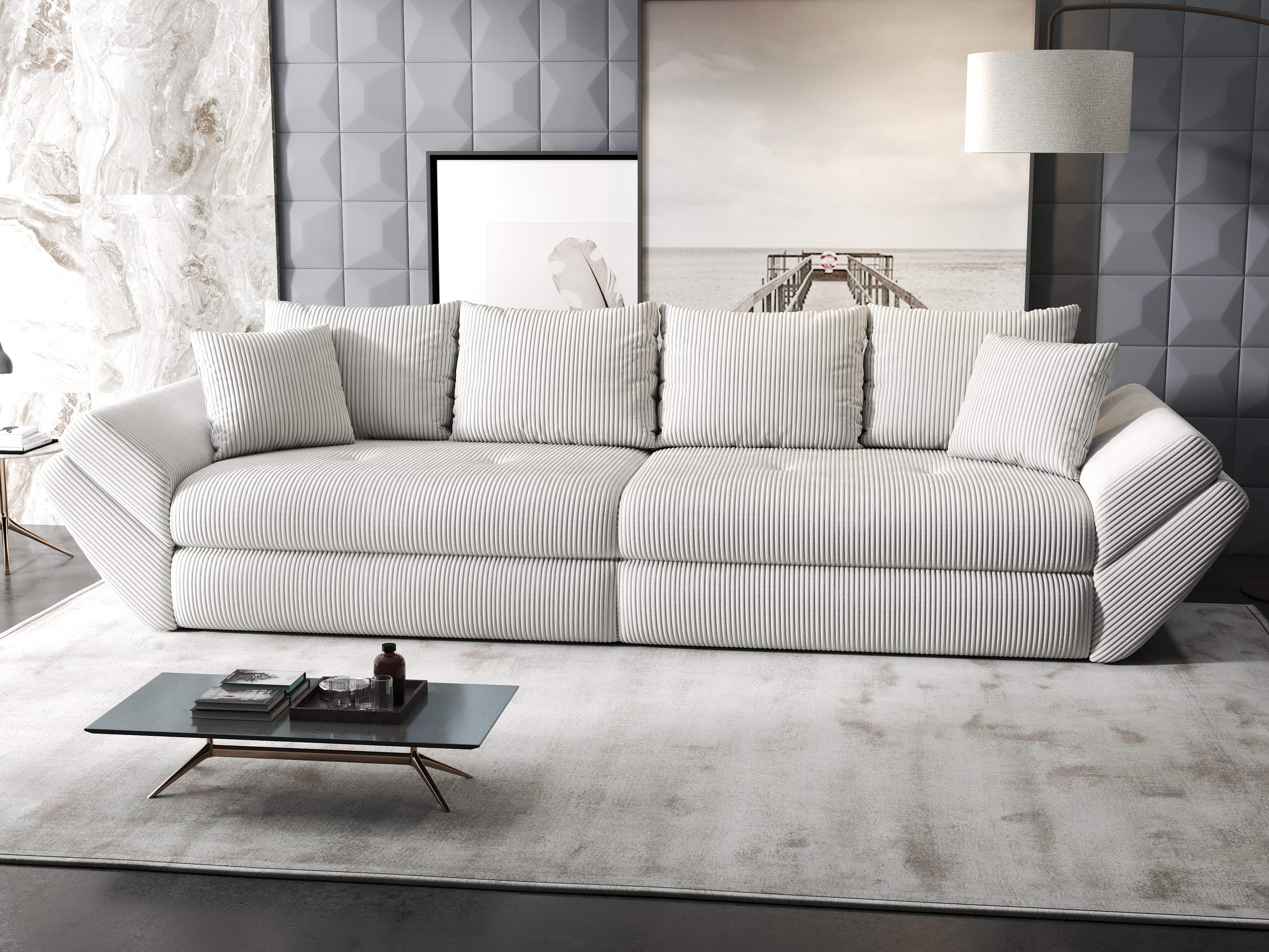 Canapea extensibilă dumonde cu ladă de depozitare si sezut confortabil din spuma HR, Loana Zoom Cream 300x100 cm Fabrica