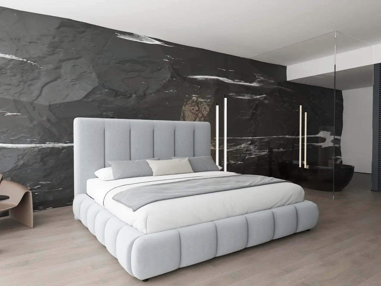 Pat dormitor dumonde, tapitat gri, Divaneo 140x200 cm, somiera rabatabila inclusa, spatiu depozitare WLS