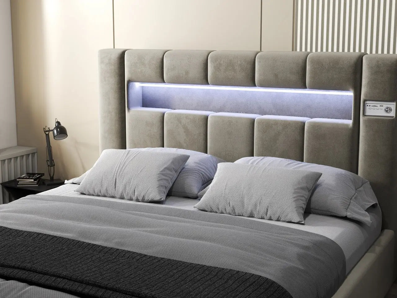Pat dormitor dumonde, tapitat bej, Glow 180x200 cm, somiera rabatabila inclusa, spatiu depozitare WLS