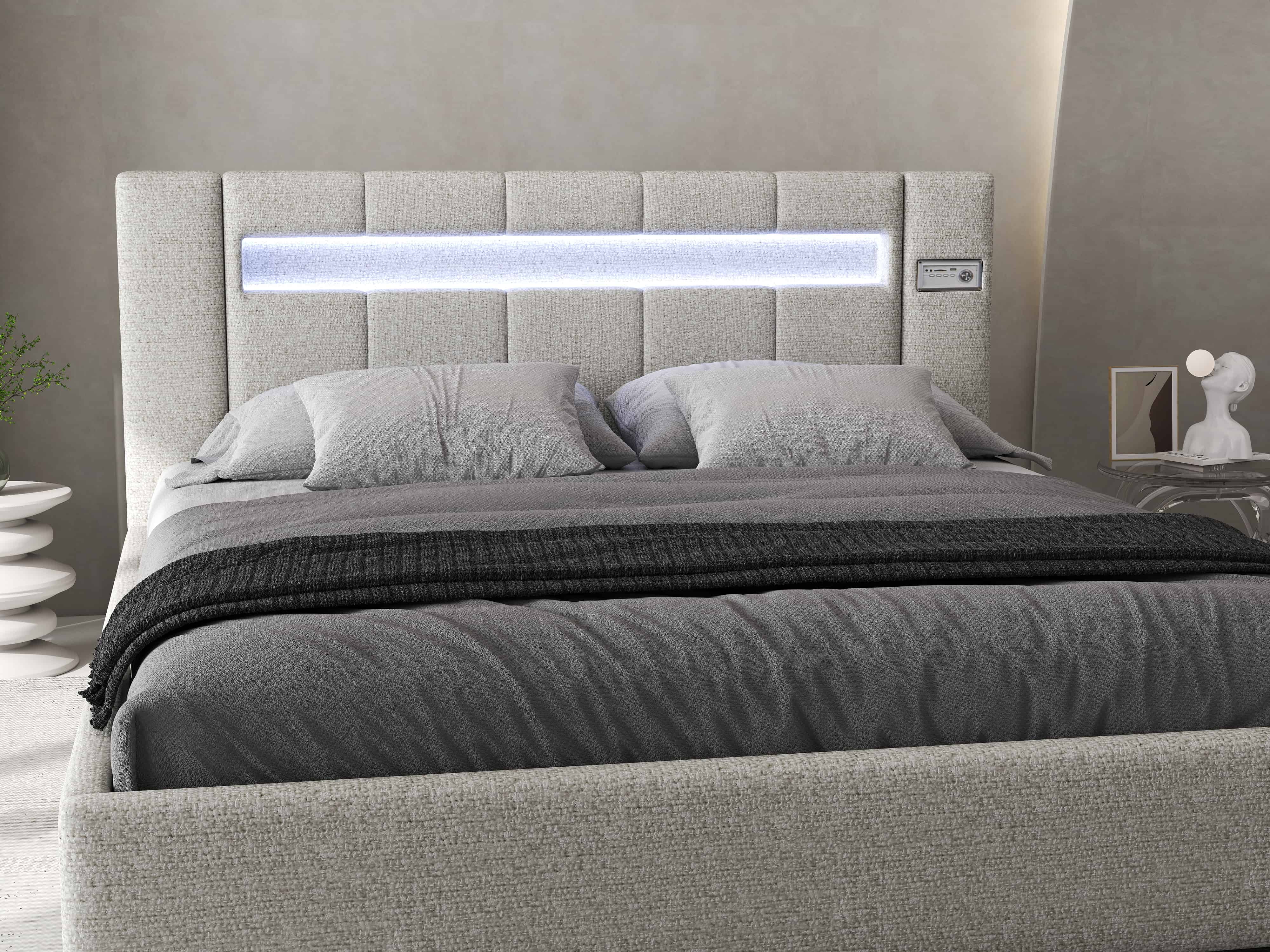 Pat dormitor dumonde, tapitat gri, Glow 160x200 cm, somiera rabatabila inclusa, spatiu depozitare WLS
