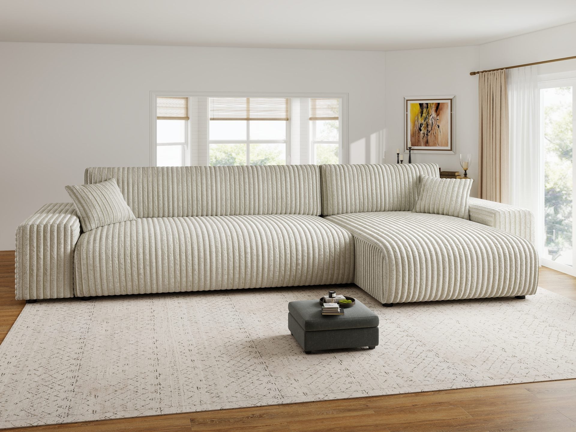 Dumonde kihúzható sarokkanapé tárolórekesszel és kényelmes, nagy sűrűségű habszivacs ülőfelülettel, Justin Tilia bej 294x144 cm