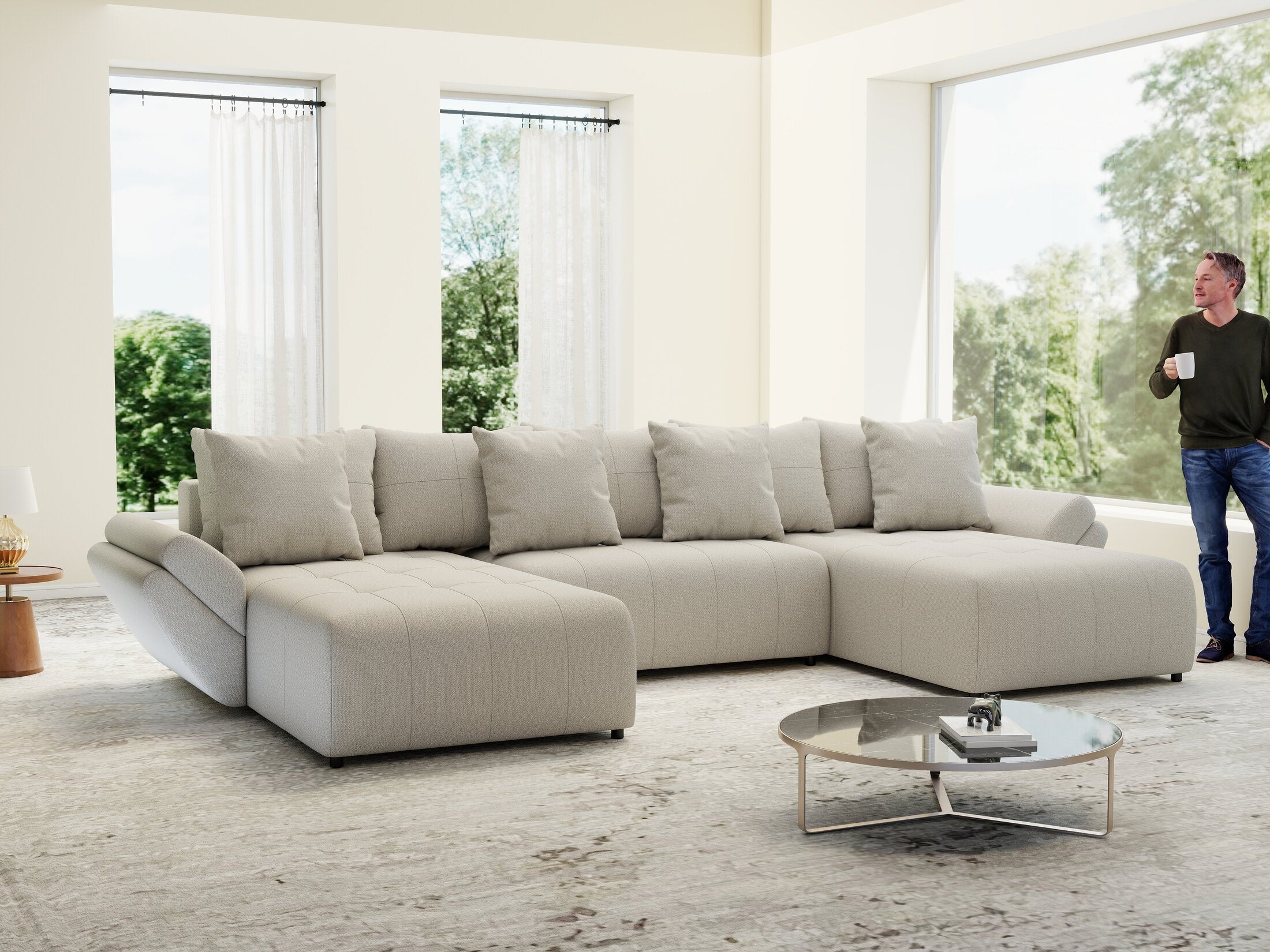 Colțar extensibil dumonde cu ladă de depozitare si sezut confortabil din spuma high-density, Berlin U Enjoy Bej 400x185 cm