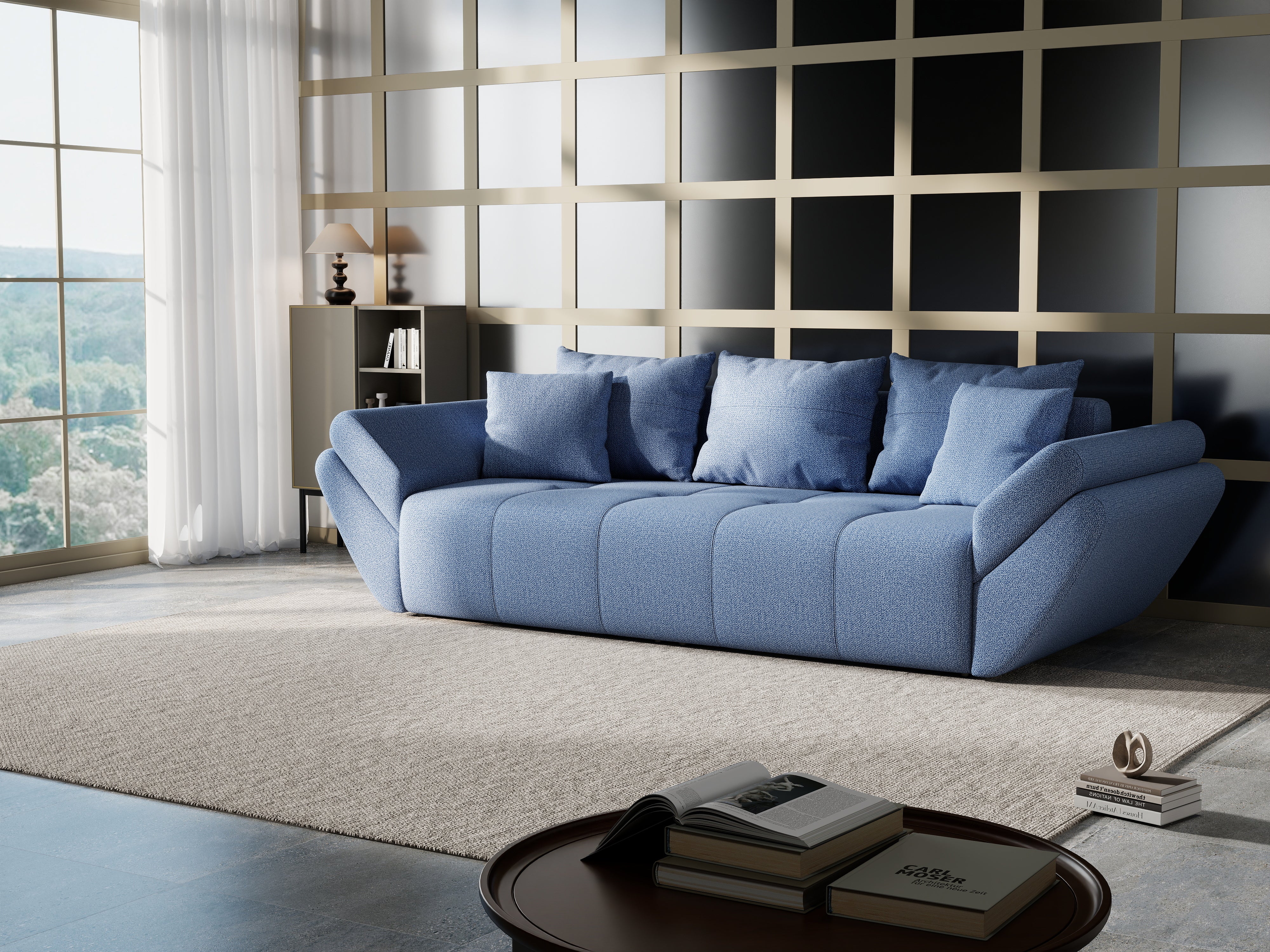 Canapea extensibilă dumonde cu ladă de depozitare si sezut confortabil din spuma HR, Berlin Enjoy Blue 250x100 cm Fabrica