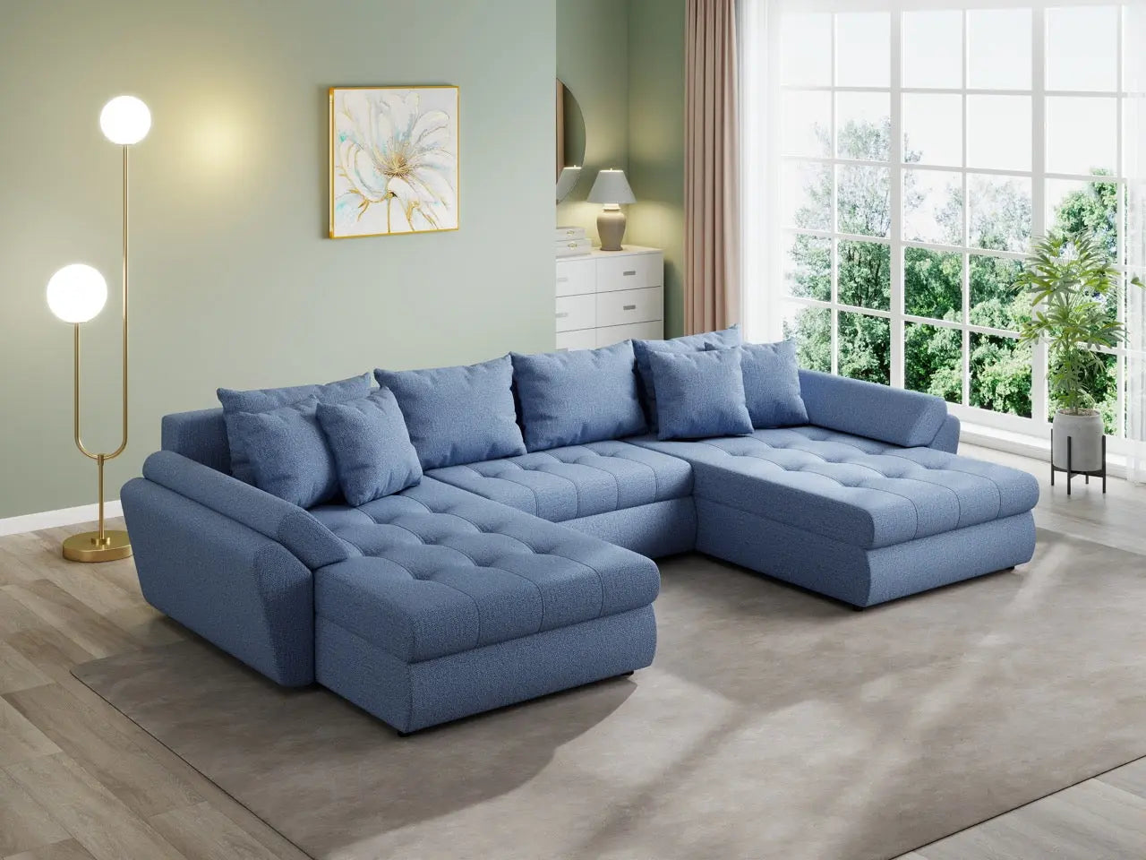 Colțar extensibil  dumonde cu ladă de depozitare si sezut confortabil din spuma HR, Loana U Enjoy Blue 355x185 cm Fabrica
