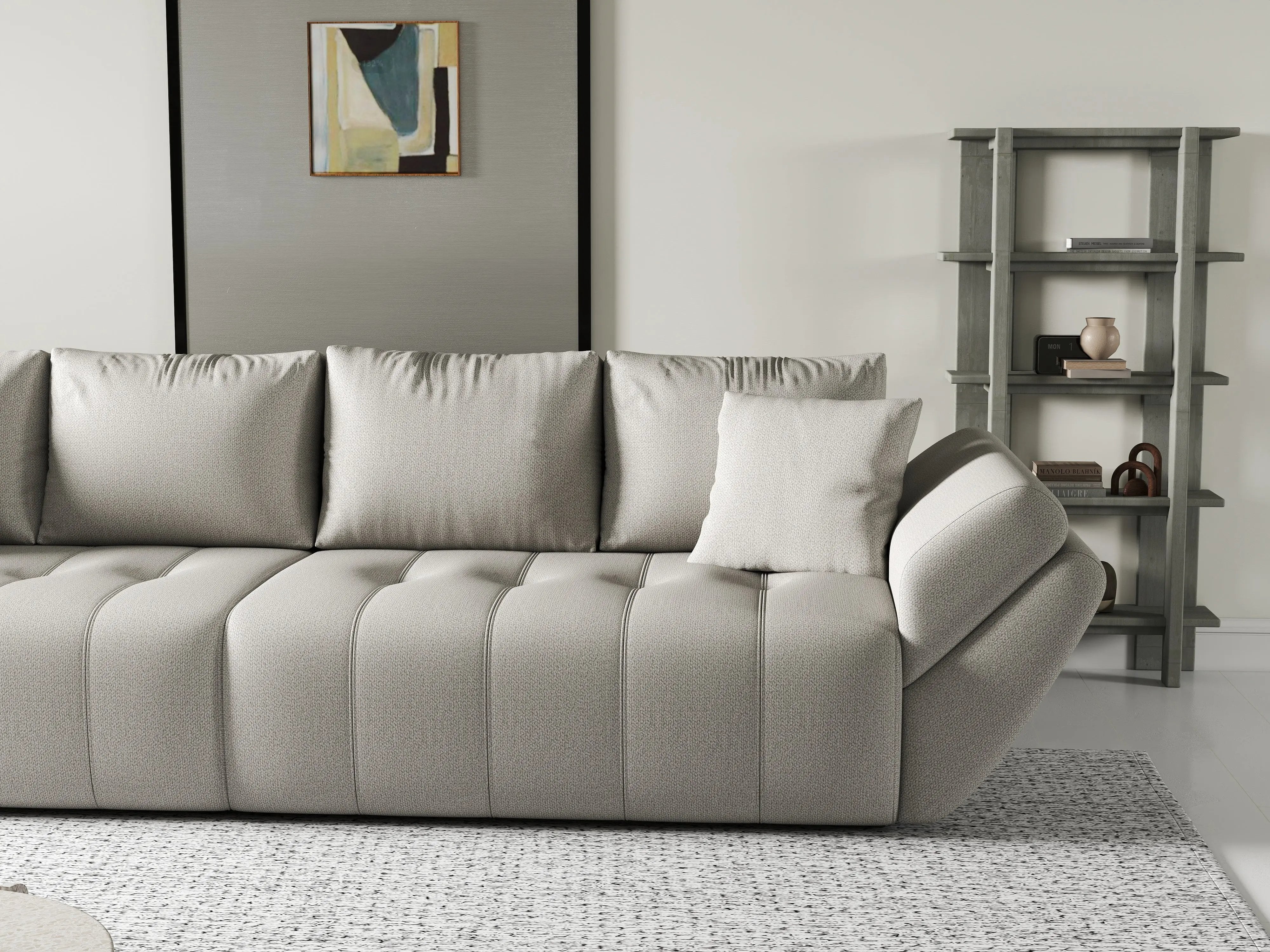 Canapea extensibilă dumonde cu ladă de depozitare si sezut confortabil din spuma HR, Berlin Enjoy Beige 300x100 cm Fabrica