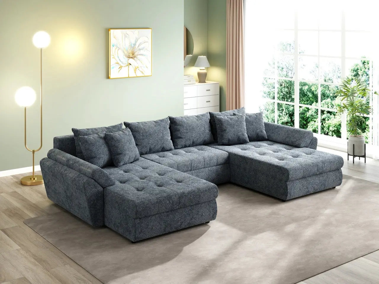 Colțar extensibil dumonde cu ladă de depozitare si sezut confortabil din spuma HR, Loana U Euphoria Grafit 355x185 cm Fabrica