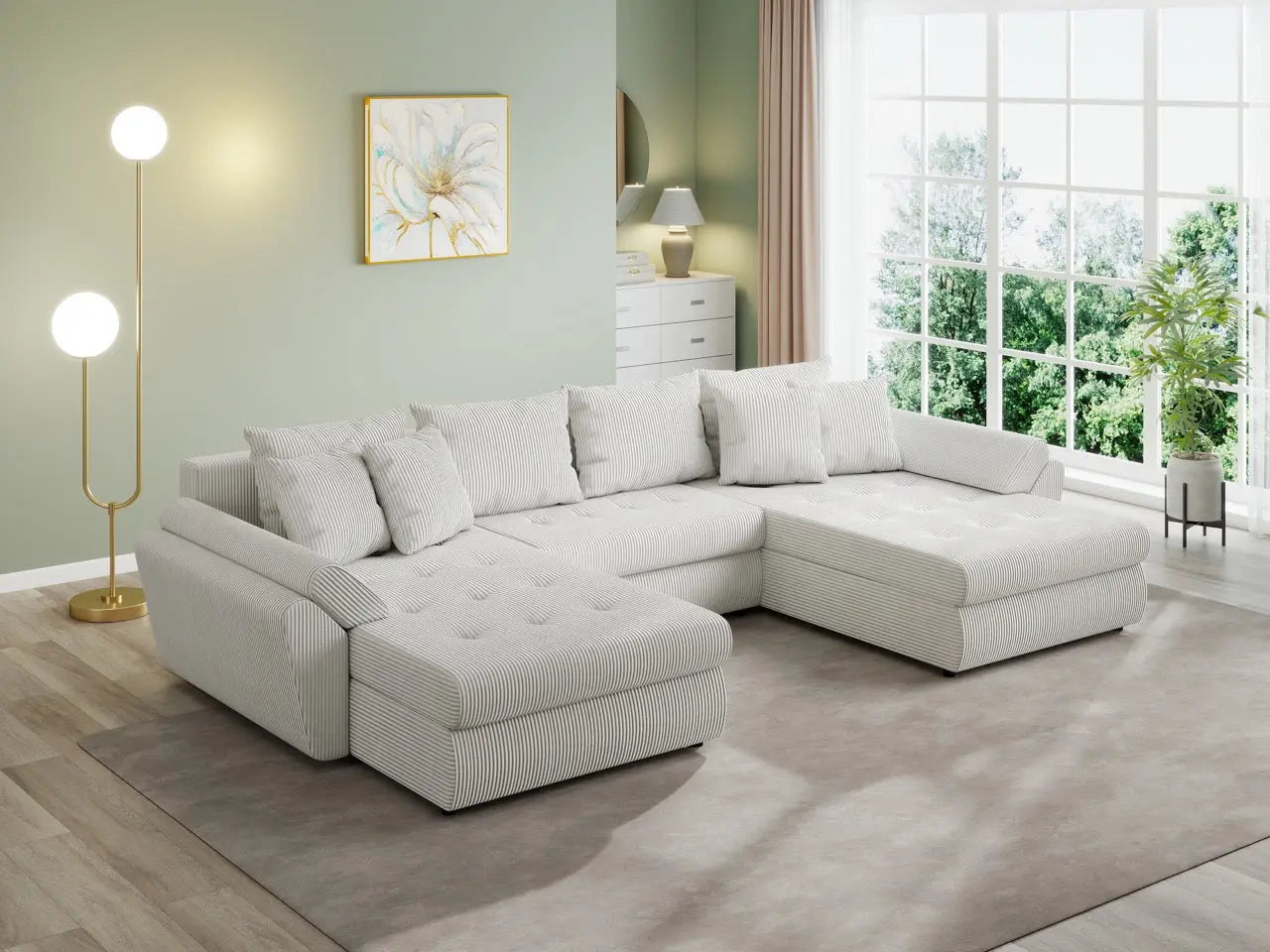 Colțar extensibil dumonde cu ladă de depozitare si sezut confortabil din spuma HR, Loana U Zoom Cream 355x185 cm Fabrica