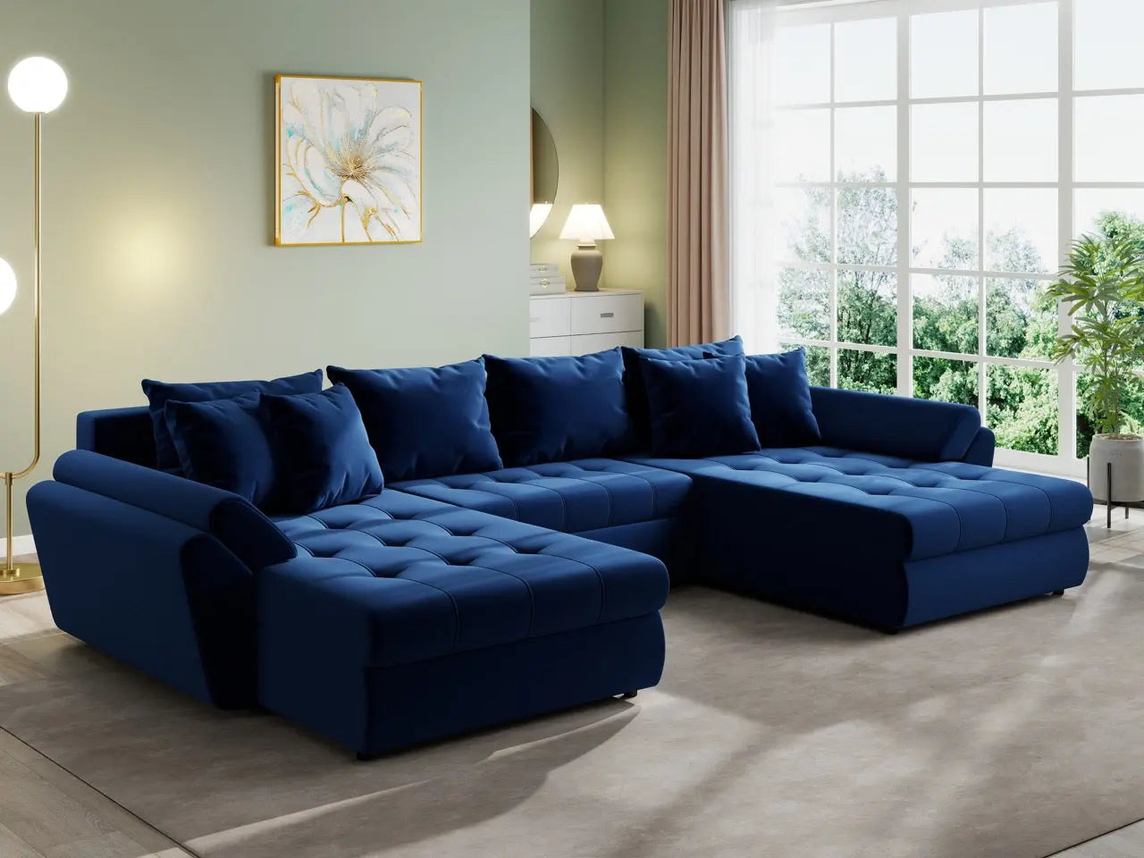 Colțar extensibil dumonde cu ladă de depozitare si sezut confortabil din spuma HR, Loana U Royal Blue 355x185 cm Fabrica