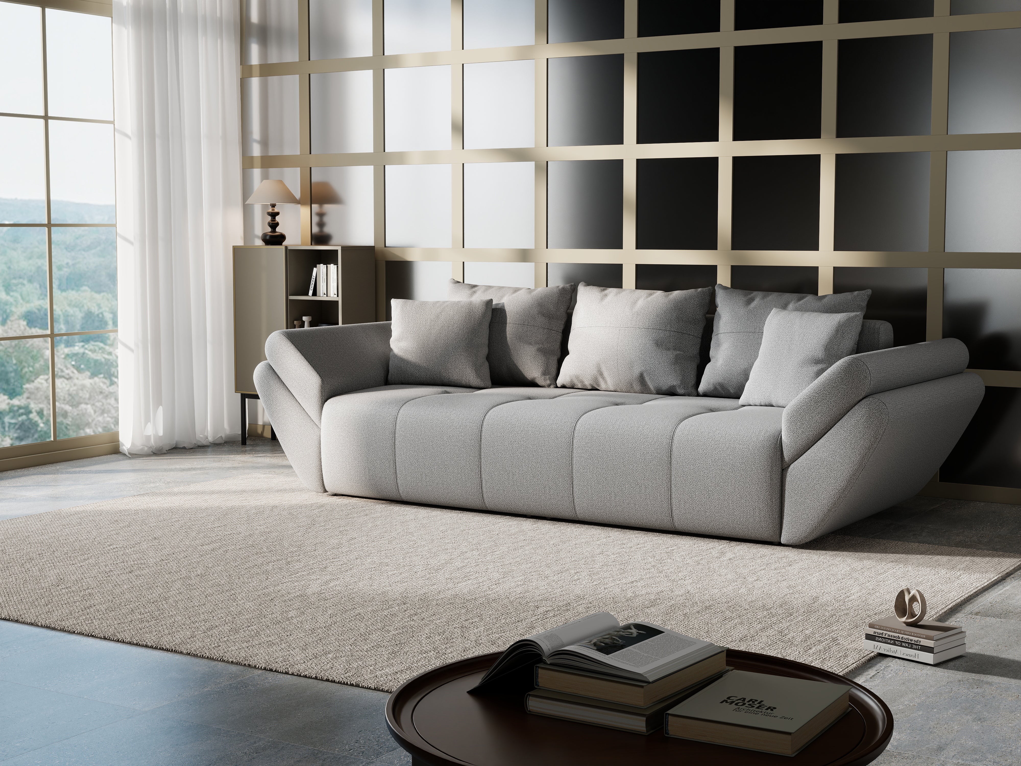 Canapea extensibilă dumonde cu ladă de depozitare si sezut confortabil din spuma HR, Berlin Enjoy Grey 250x100 cm Fabrica