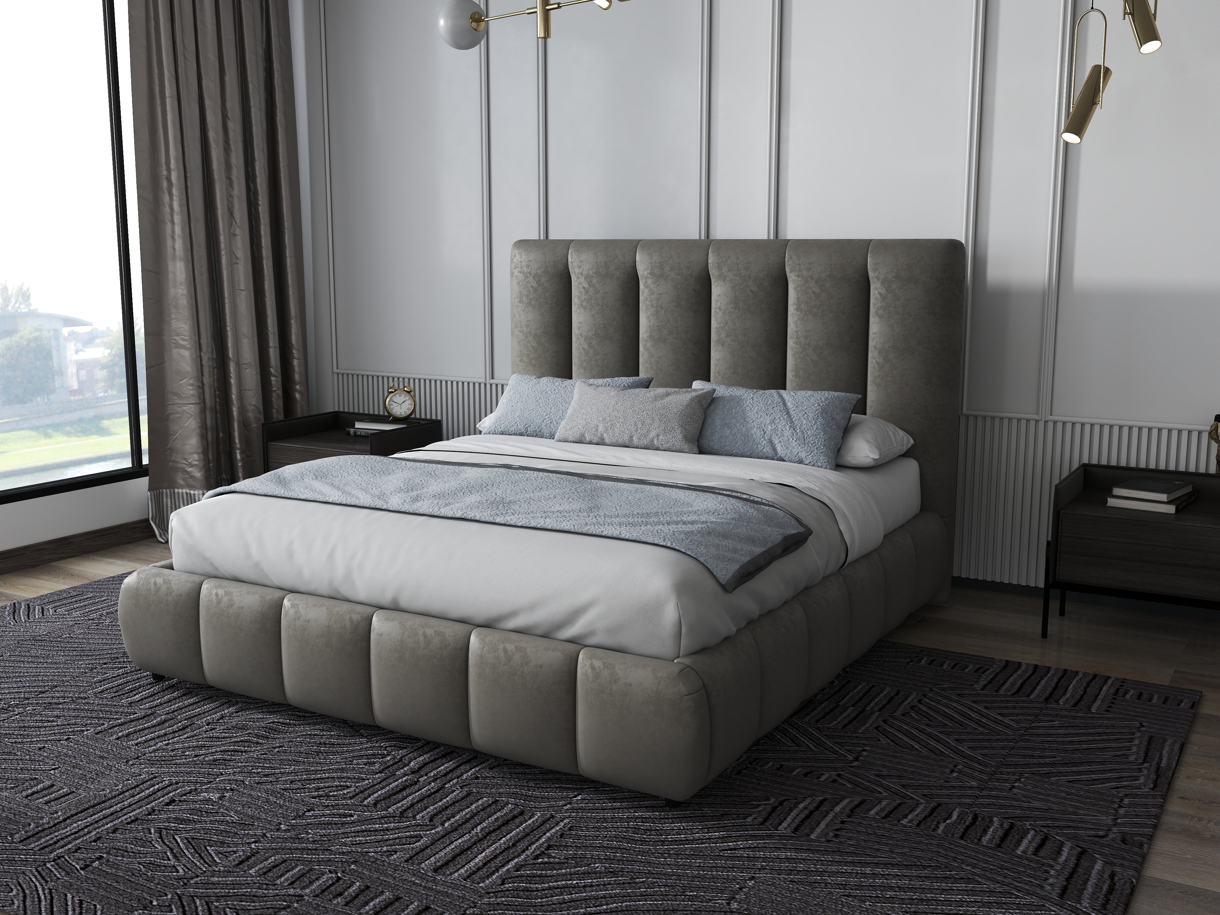 Pat dormitor dumonde, tapitat bej, Divaneo 140x200 cm, somiera rabatabila inclusa, spatiu depozitare WLS