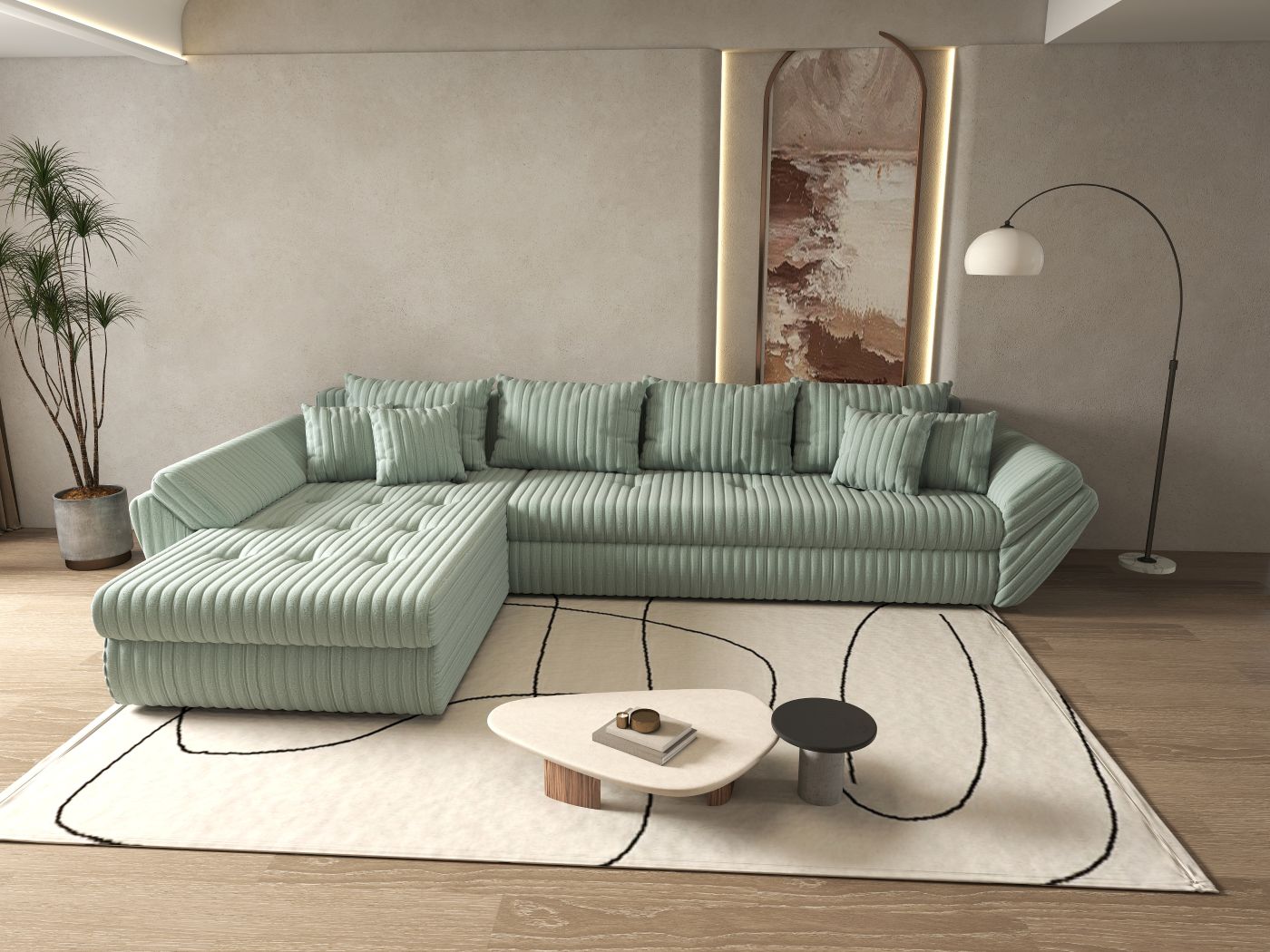 Colțar extensibil dumonde cu ladă de depozitare si sezut confortabil din spuma HR, Loana XL Ambience Mint 335x185 cm Fabrica