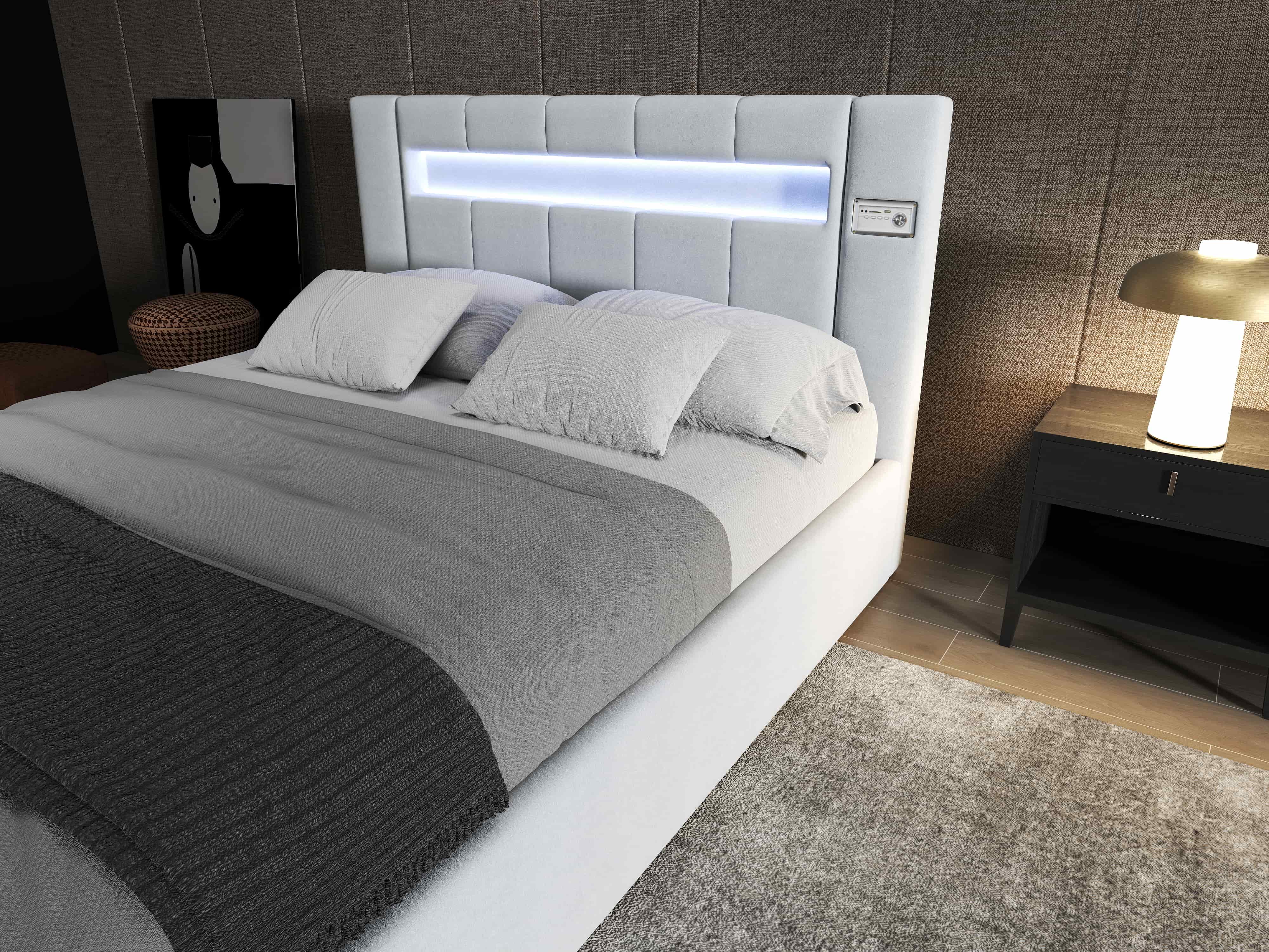 Pat dormitor dumonde, tapitat gri, Glow 180x200 cm, somiera rabatabila inclusa, spatiu depozitare WLS