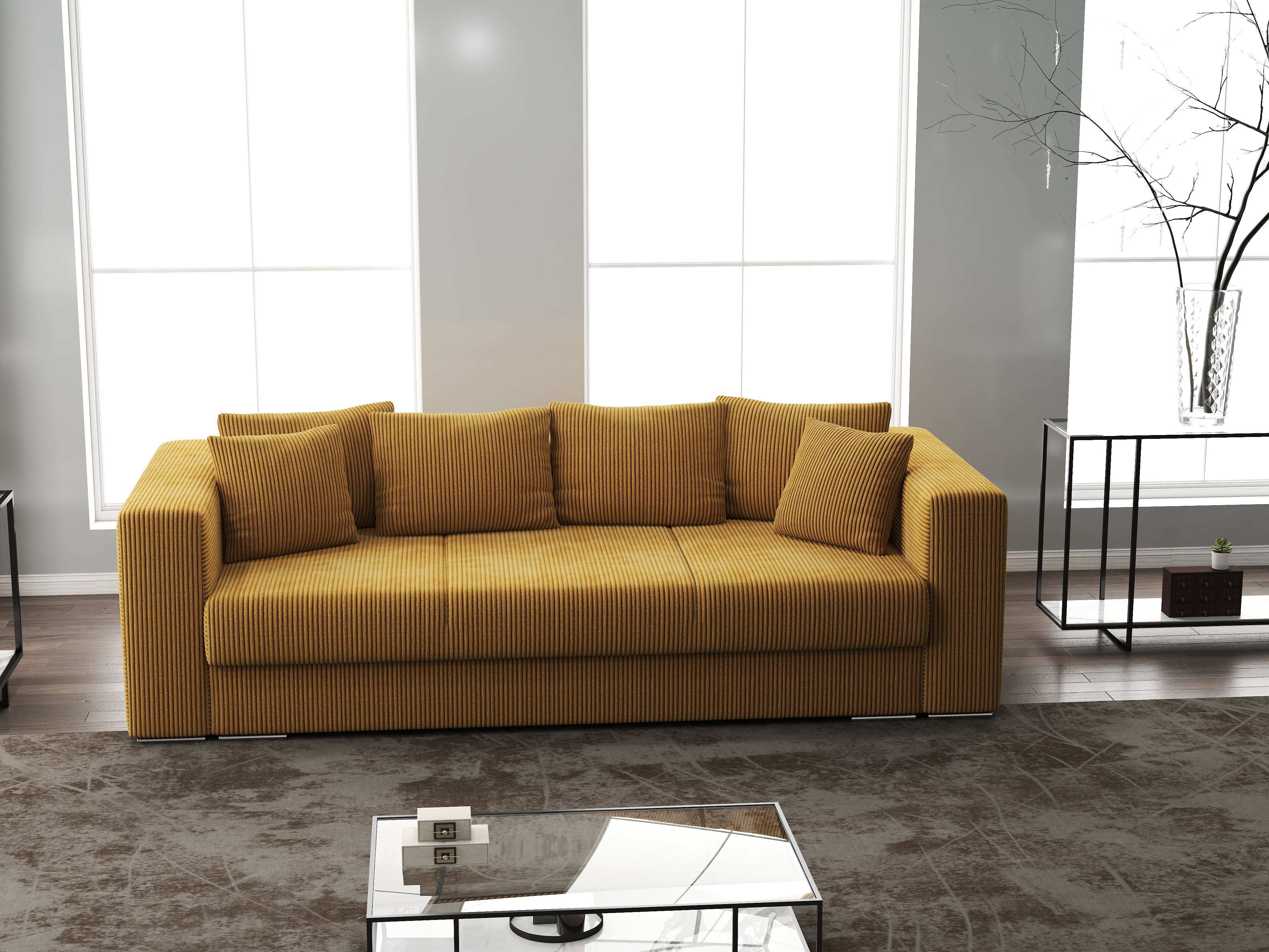 Canapea extensibilă dumonde cu ladă de depozitare si sezut confortabil din spuma HR, Gloria Zoom Mustar 240x100 cm Fabrica