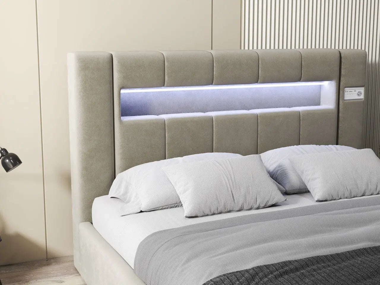 Pat dormitor dumonde, tapitat bej, Glow 180x200 cm, somiera rabatabila inclusa, spatiu depozitare WLS