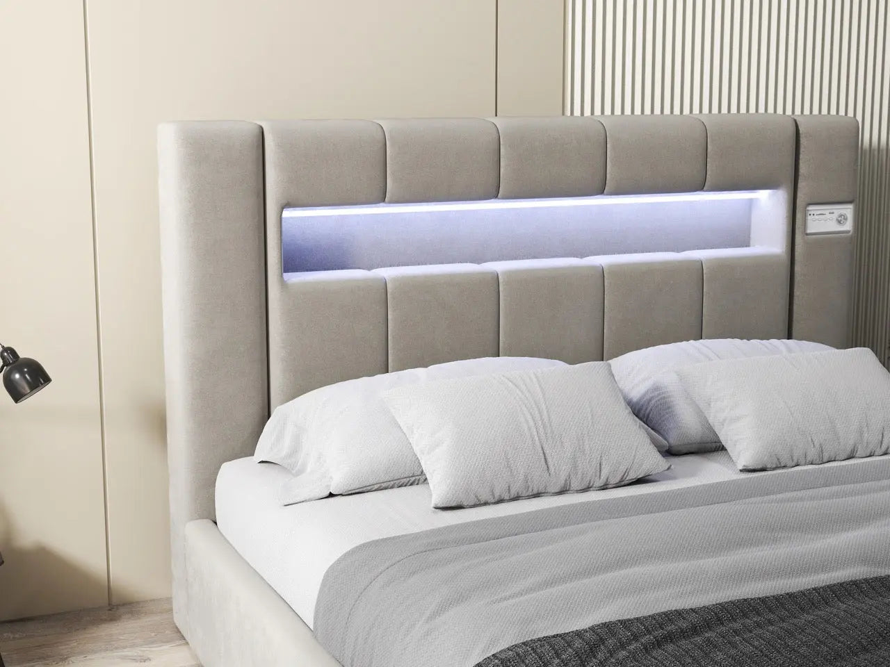 Pat dormitor dumonde, tapitat bej, Glow 180x200 cm, somiera rabatabila inclusa, spatiu depozitare WLS