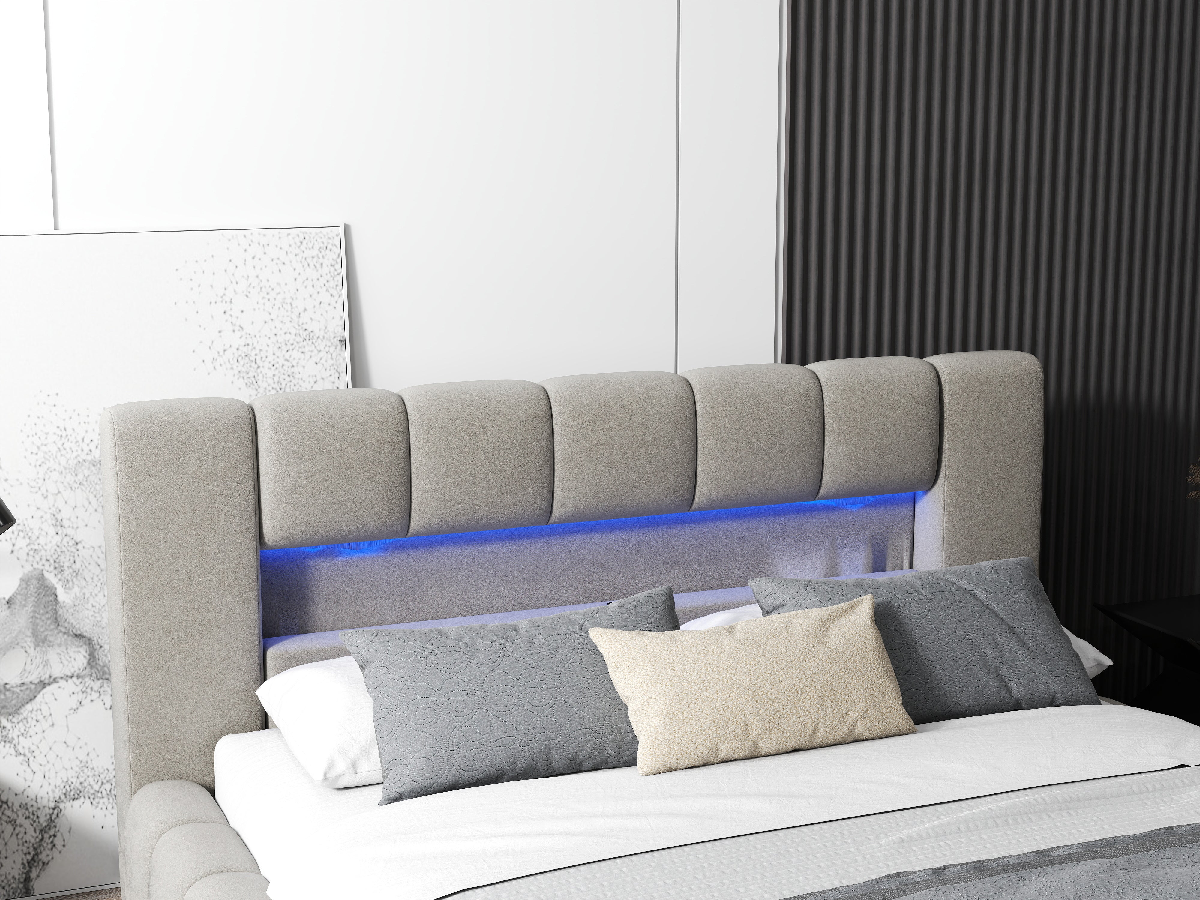 Pat dormitor dumonde, tapitat bej cu LED si USB, Palermo 140x200 cm, somiera rabatabila inclusa, spatiu depozitare WLS