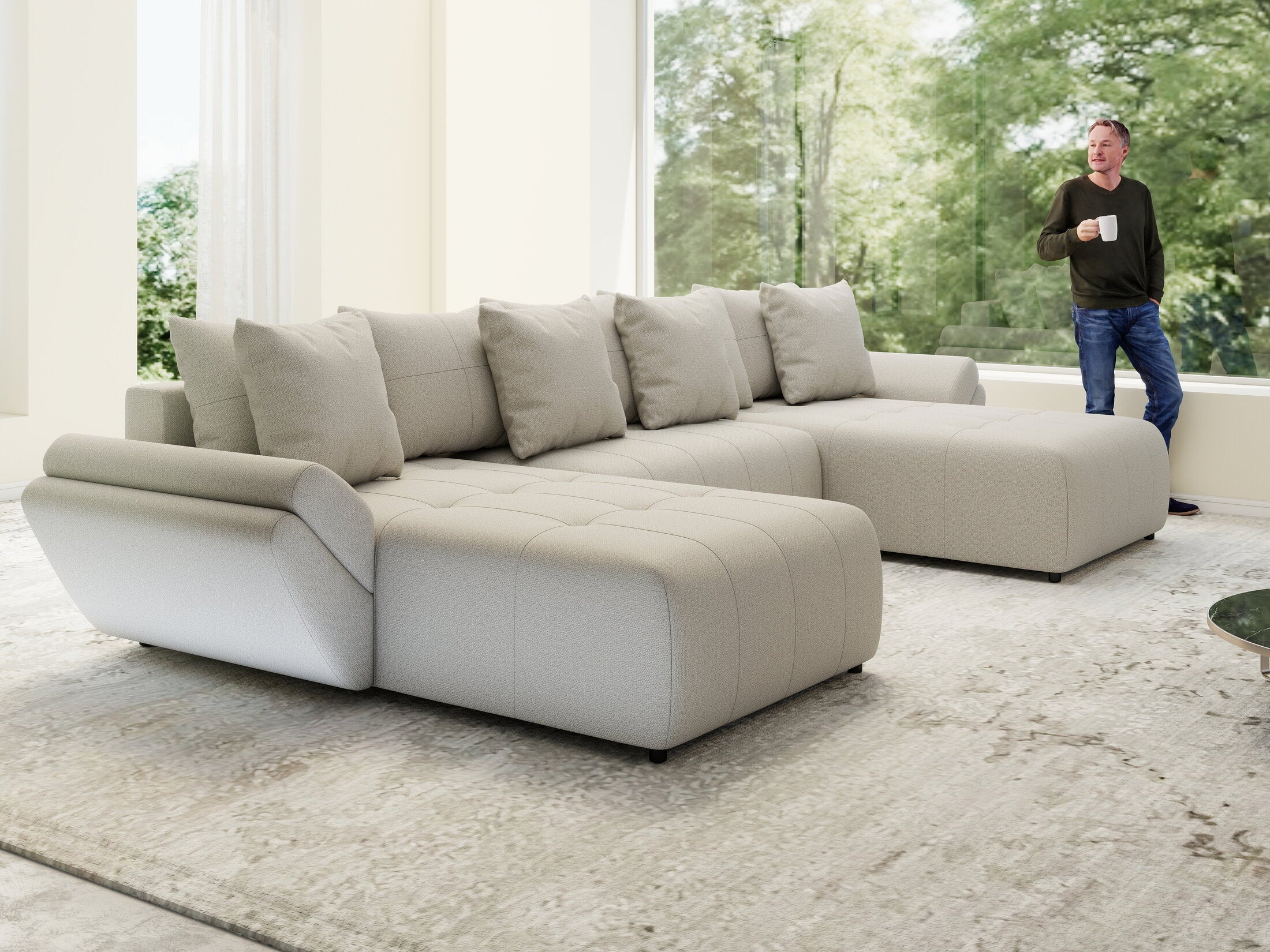 Colțar extensibil dumonde cu ladă de depozitare si sezut confortabil din spuma high-density, Berlin U Enjoy Bej 400x185 cm
