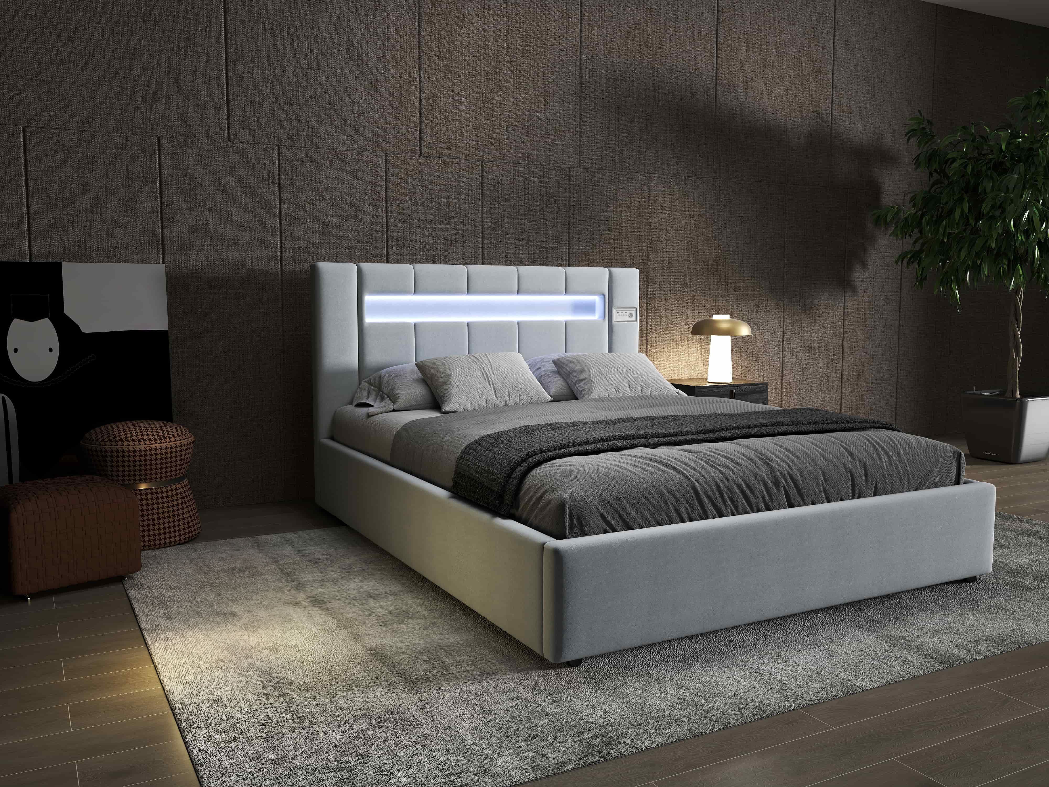Pat dormitor dumonde, tapitat gri, Glow 140x200 cm, somiera rabatabila inclusa, spatiu depozitare WLS
