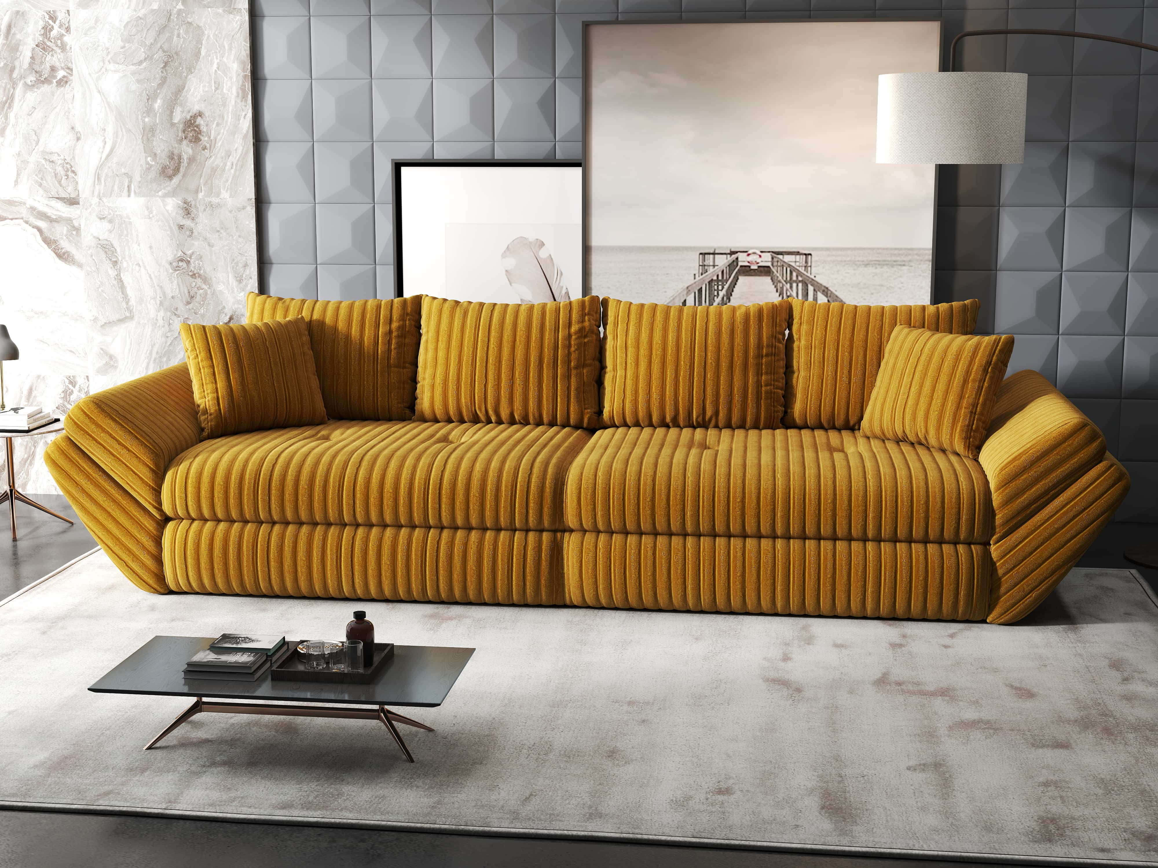 Canapea extensibilă dumonde cu ladă de depozitare si sezut confortabil din spuma HR, Loana Ambience Mustar 300x100 cm Fabrica