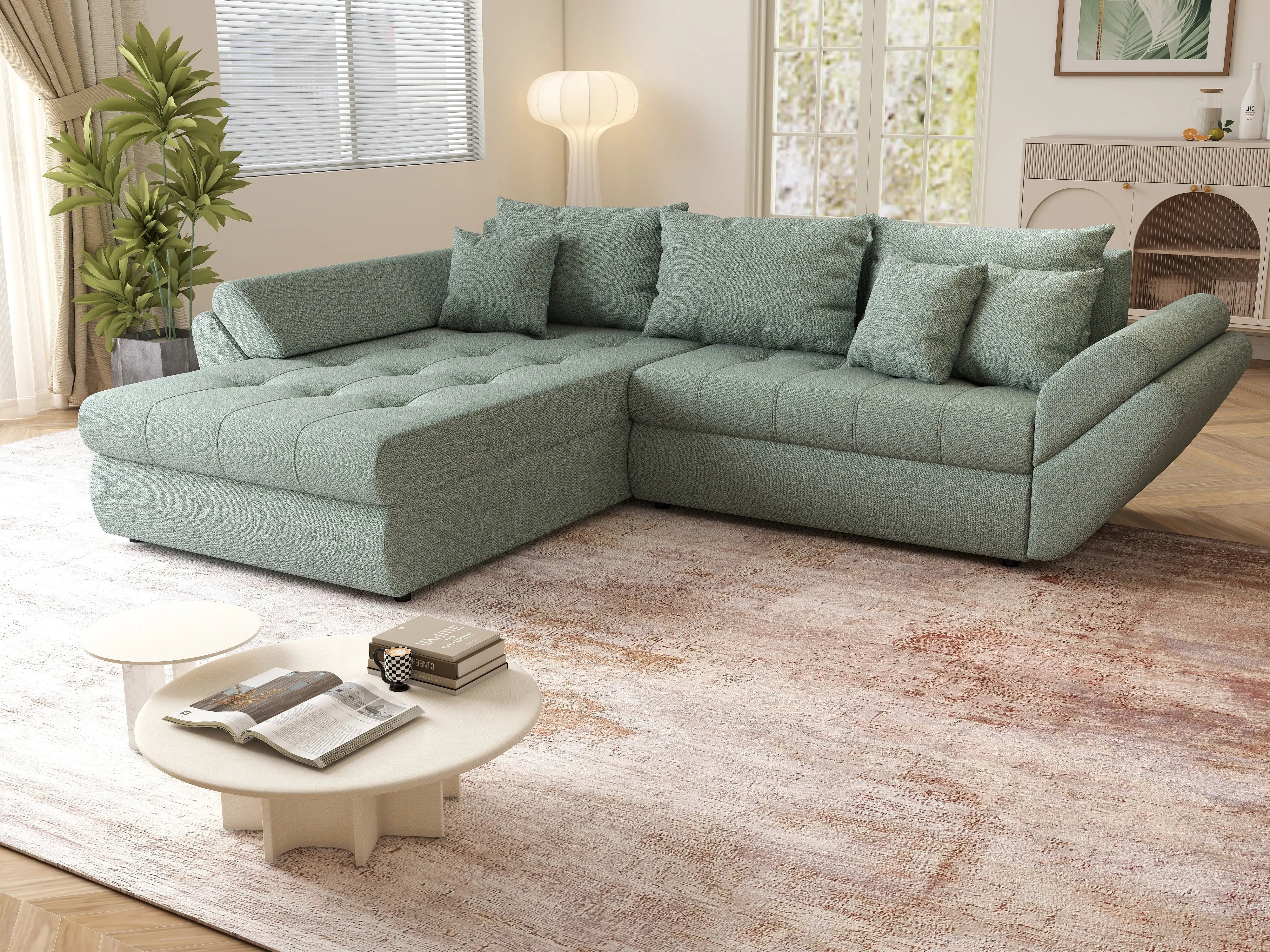 Colțar extensibil dumonde cu ladă de depozitare si sezut confortabil din spuma HR, Loana Mint 270x185 cm Fabrica