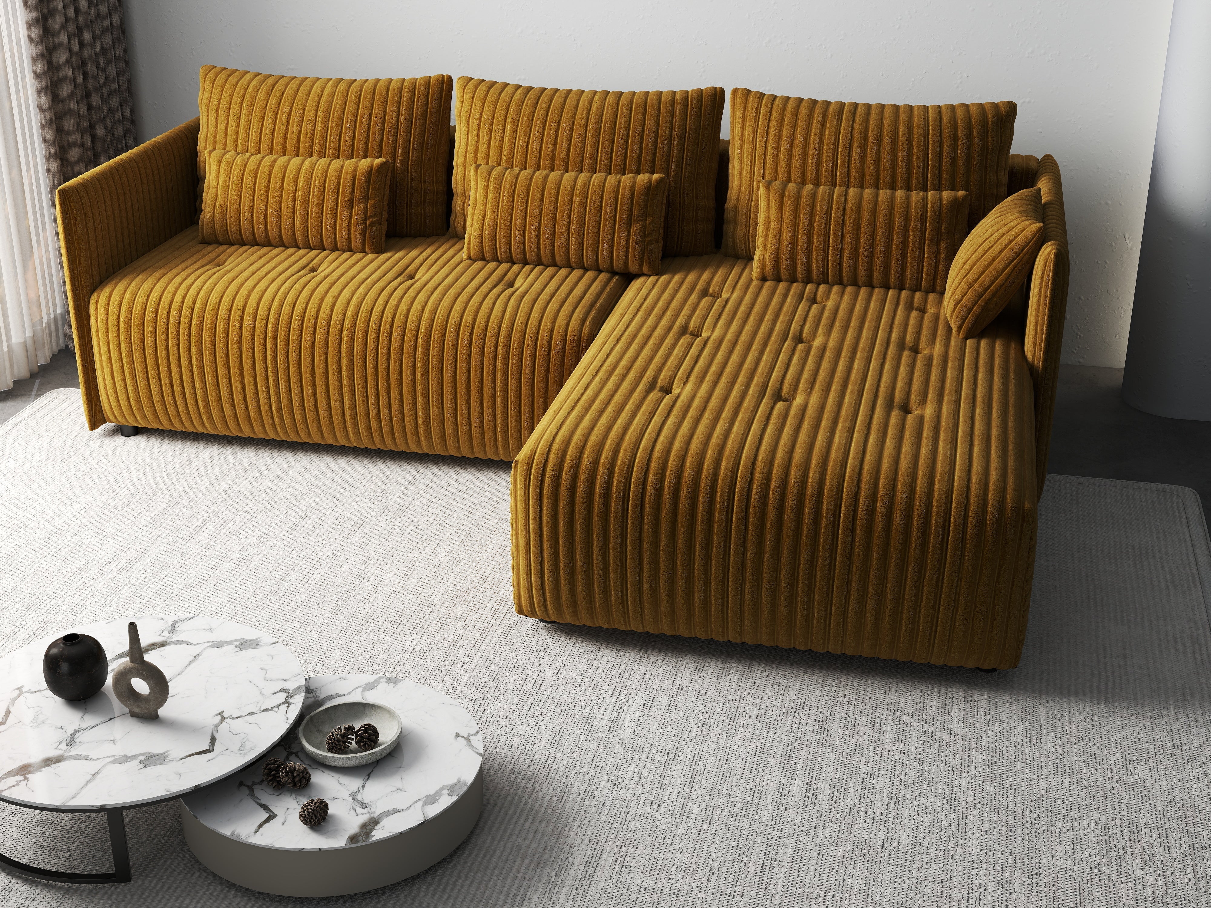 Colțar extensibil dumonde cu ladă de depozitare si sezut confortabil din spuma HR, Malta Ambience Mustard II 235x185 cm Fabrica