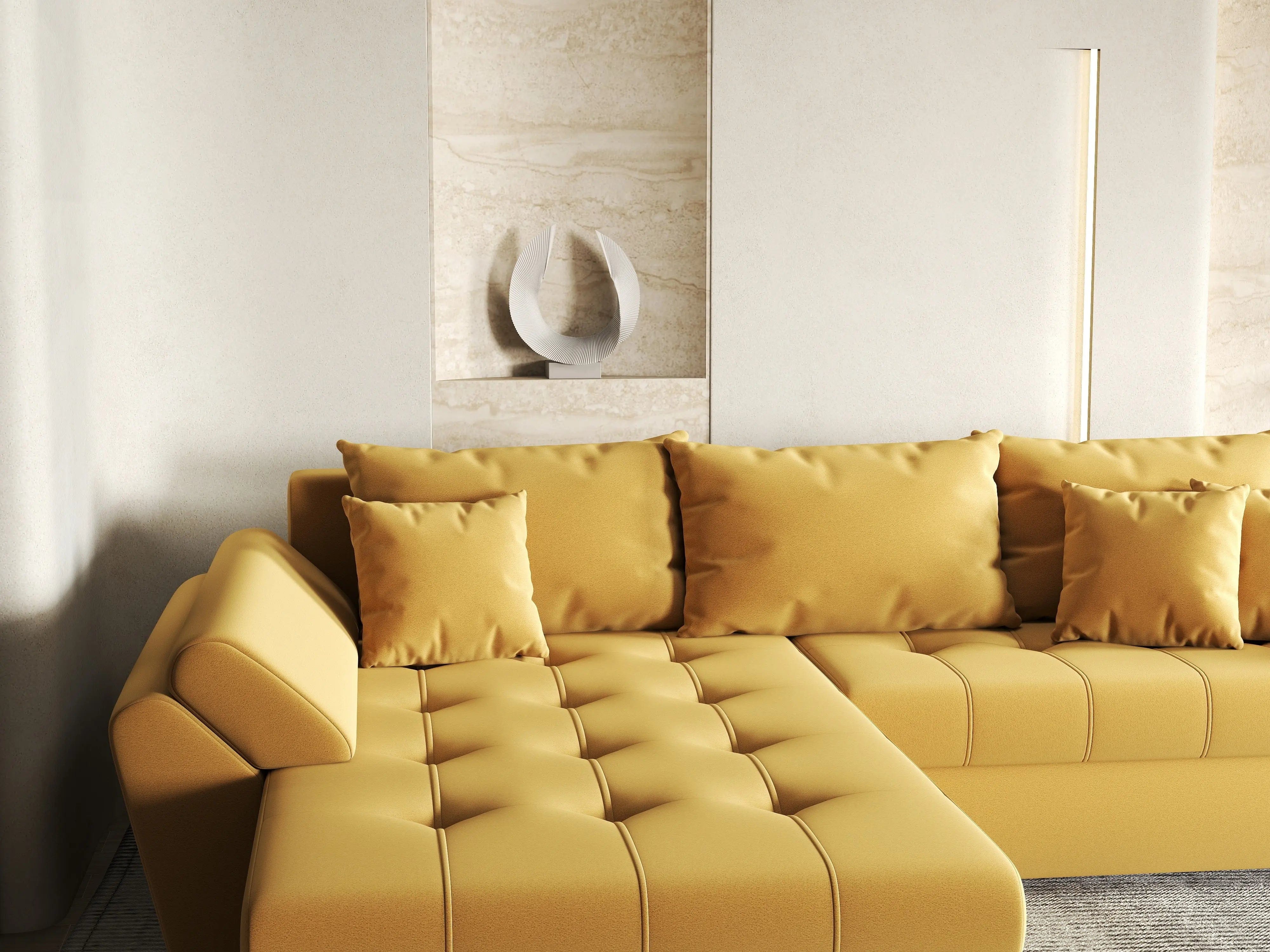 Colțar extensibil dumonde cu ladă de depozitare si sezut confortabil din spuma HR, Loana Muștar 270x185 cm Fabrica