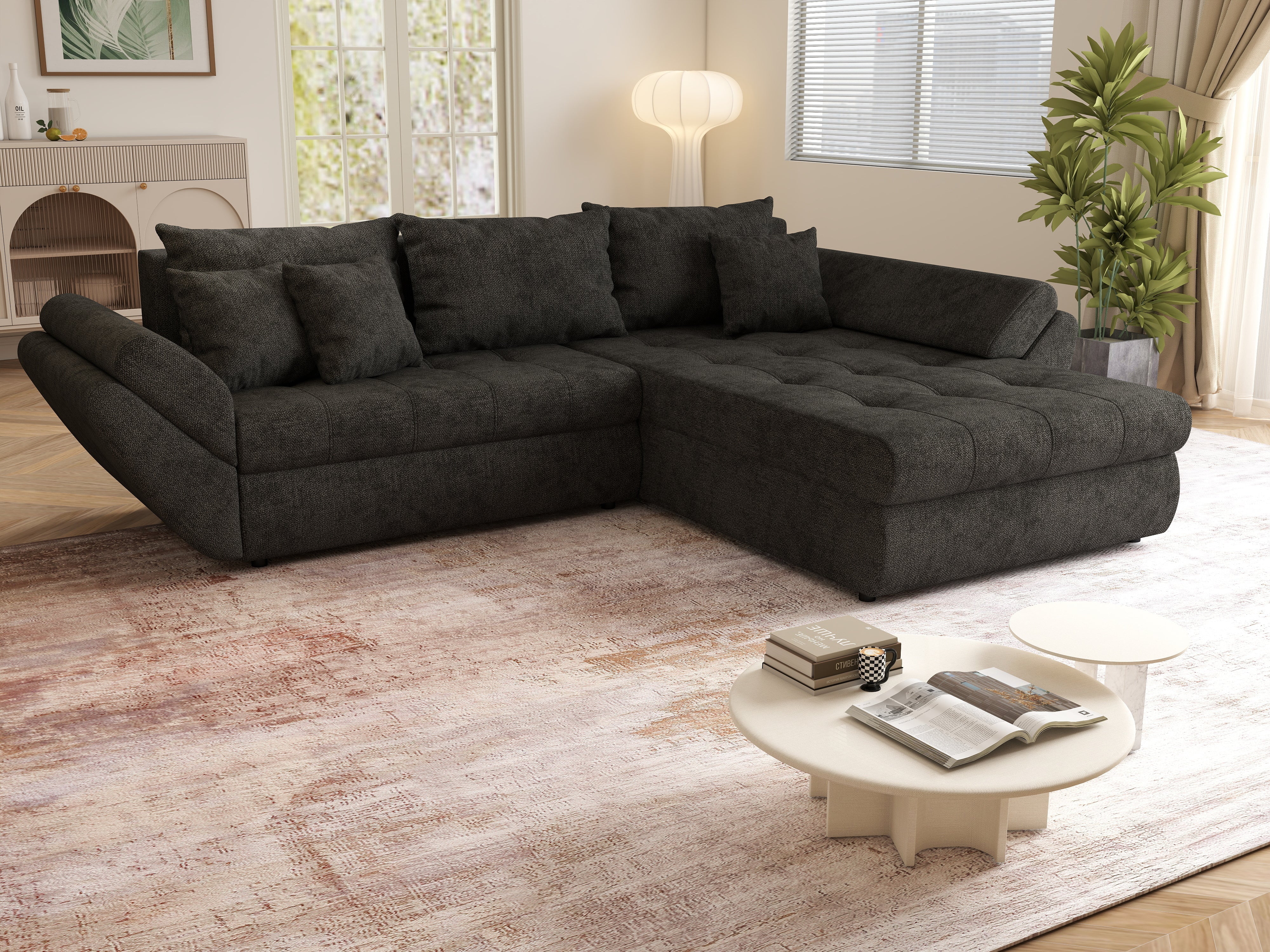 Colțar extensibil dumonde cu ladă de depozitare si sezut confortabil din spuma HR, Loana Enjoy Black 270x185 cm Fabrica