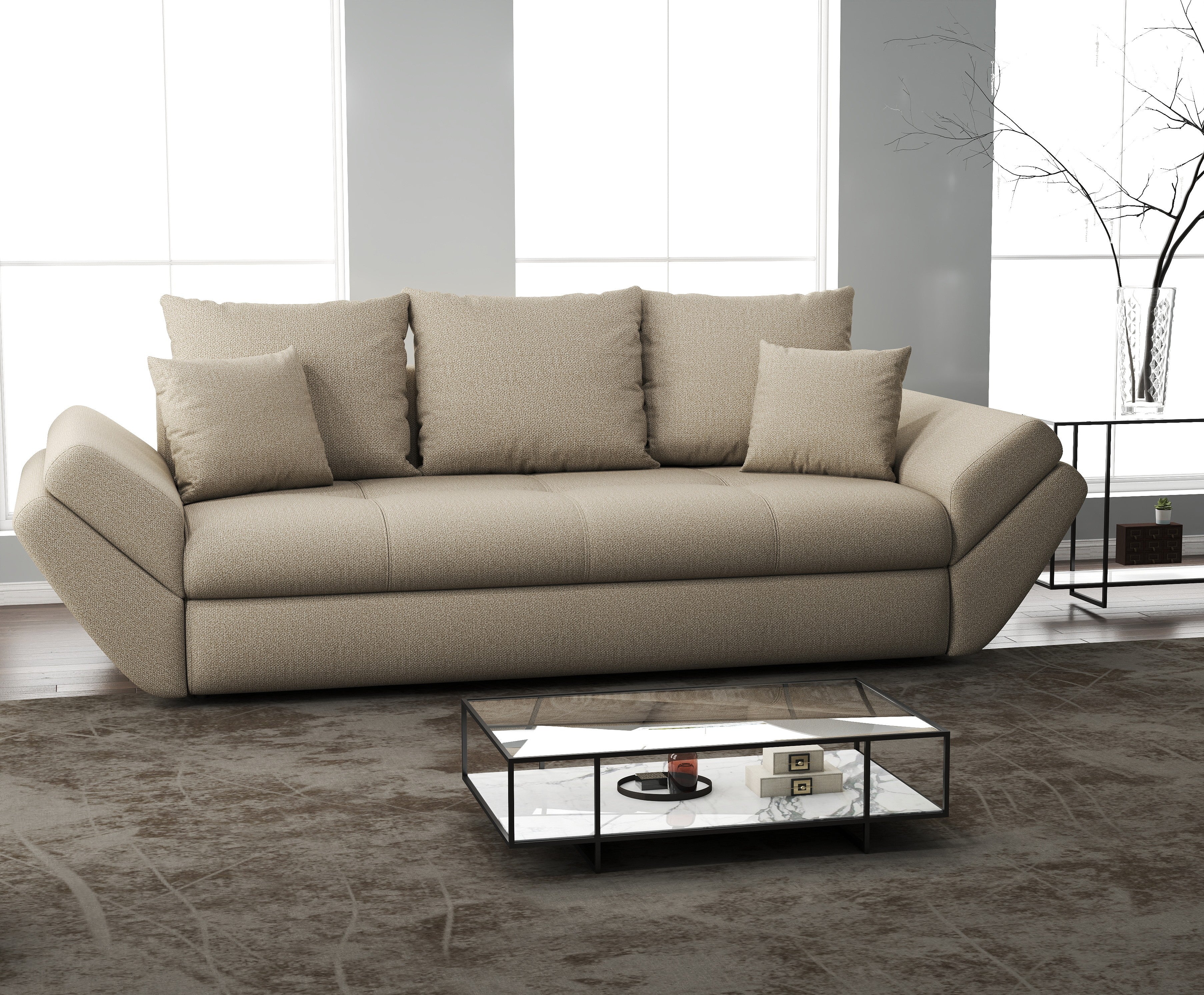 Canapea extensibilă dumonde cu ladă de depozitare si sezut confortabil din spuma HR, Loana Enjoy Camel 250x100 cm Fabrica