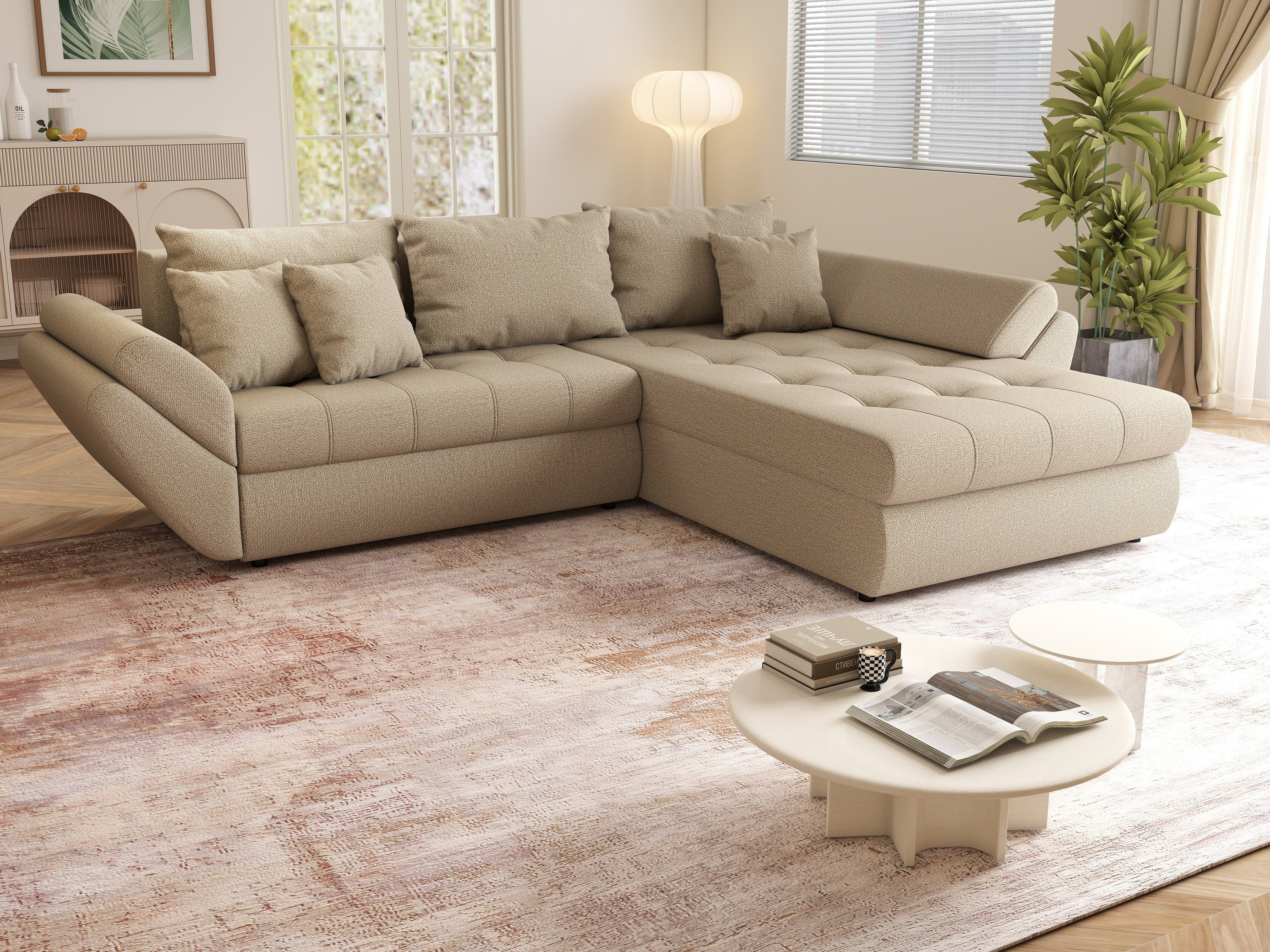Colțar extensibil dumonde cu ladă de depozitare si sezut confortabil din spuma HR, Loana Enjoy Camel II 270x185 cm Fabrica