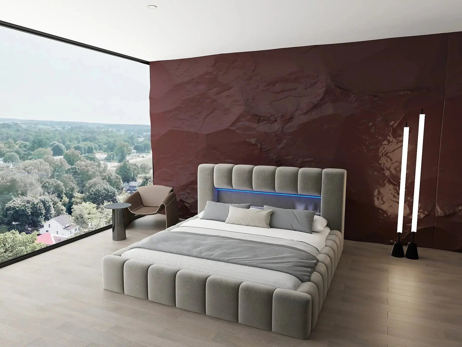 Pat dormitor dumonde, tapitat bej cu LED si USB, Palermo 160x200 cm, somiera rabatabila inclusa, spatiu depozitare WLS