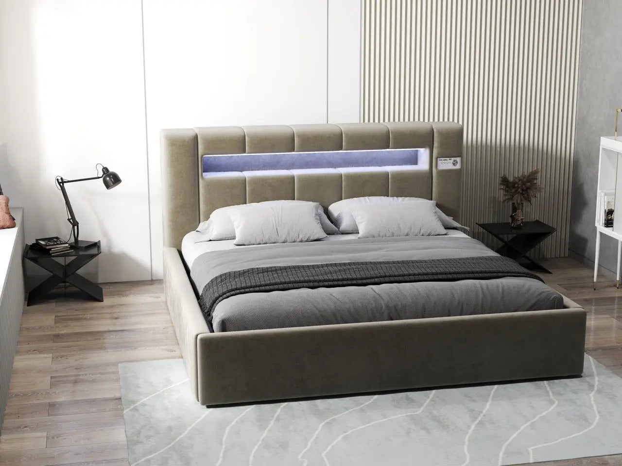 Pat dormitor dumonde, tapitat bej, Glow 160x200 cm, somiera rabatabila inclusa, spatiu depozitare WLS
