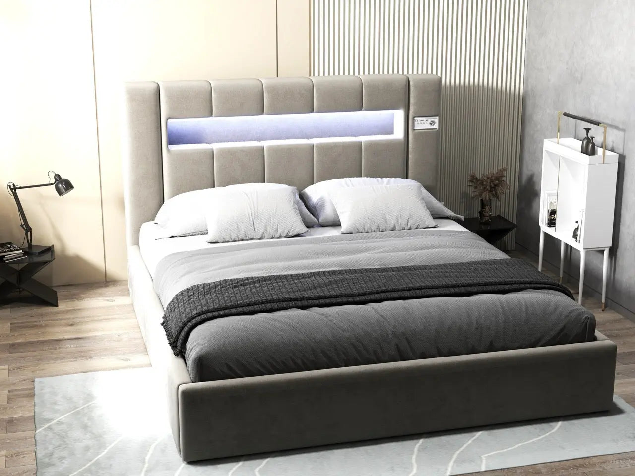 Pat dormitor dumonde, tapitat bej, Glow 180x200 cm, somiera rabatabila inclusa, spatiu depozitare WLS