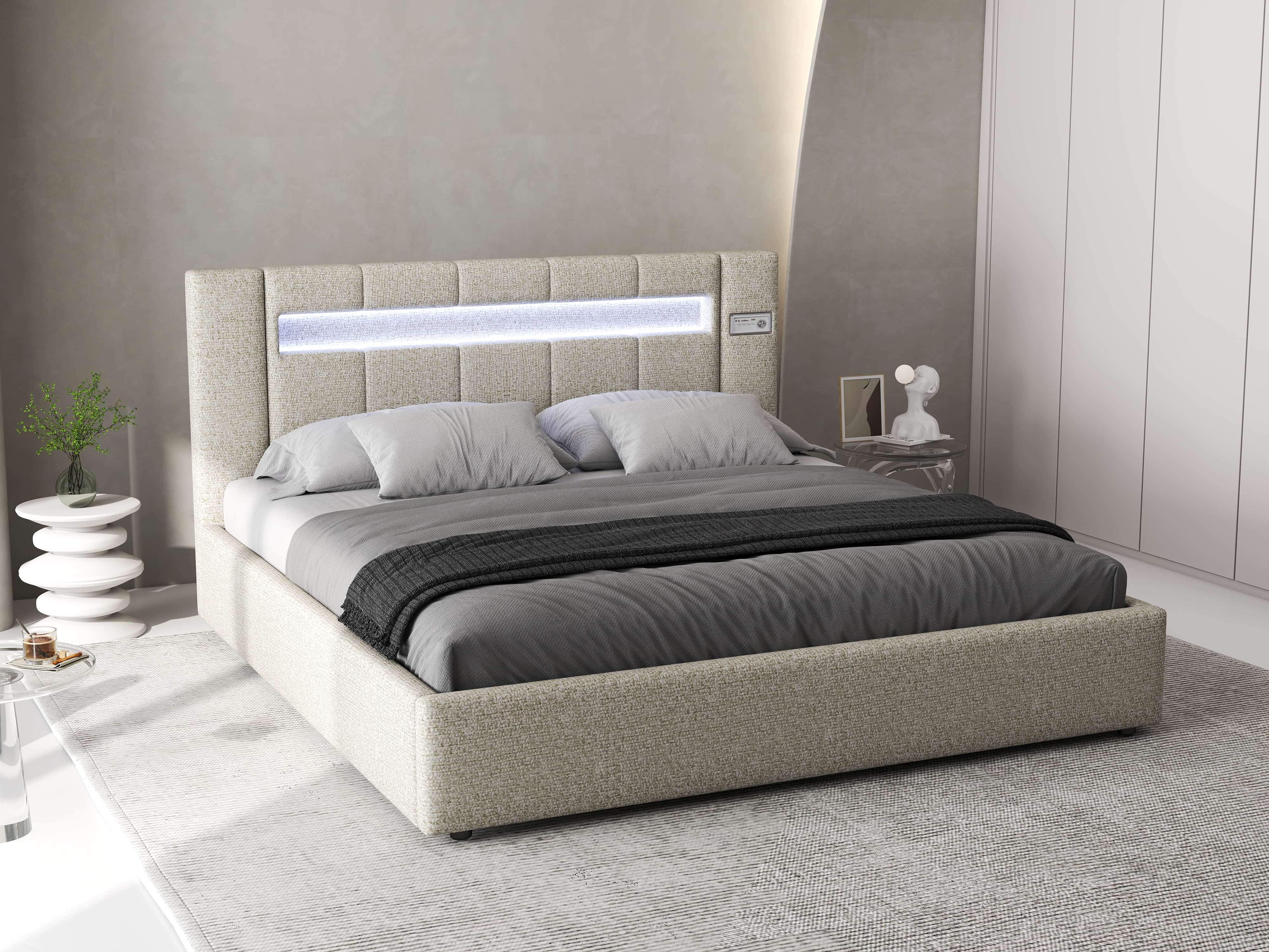 Pat dormitor dumonde, tapitat gri, Glow 180x200 cm, somiera rabatabila inclusa, spatiu depozitare WLS