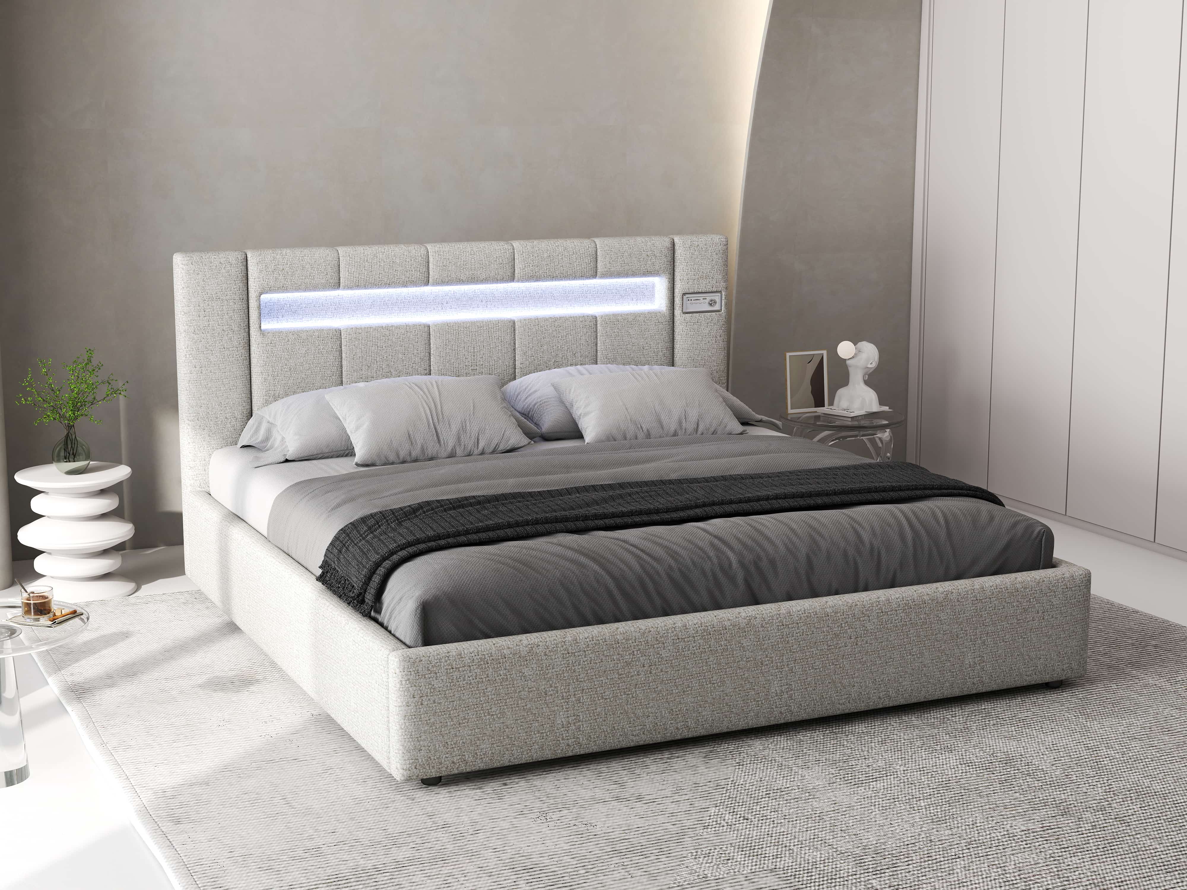 Pat dormitor dumonde, tapitat gri, Glow 160x200 cm, somiera rabatabila inclusa, spatiu depozitare WLS