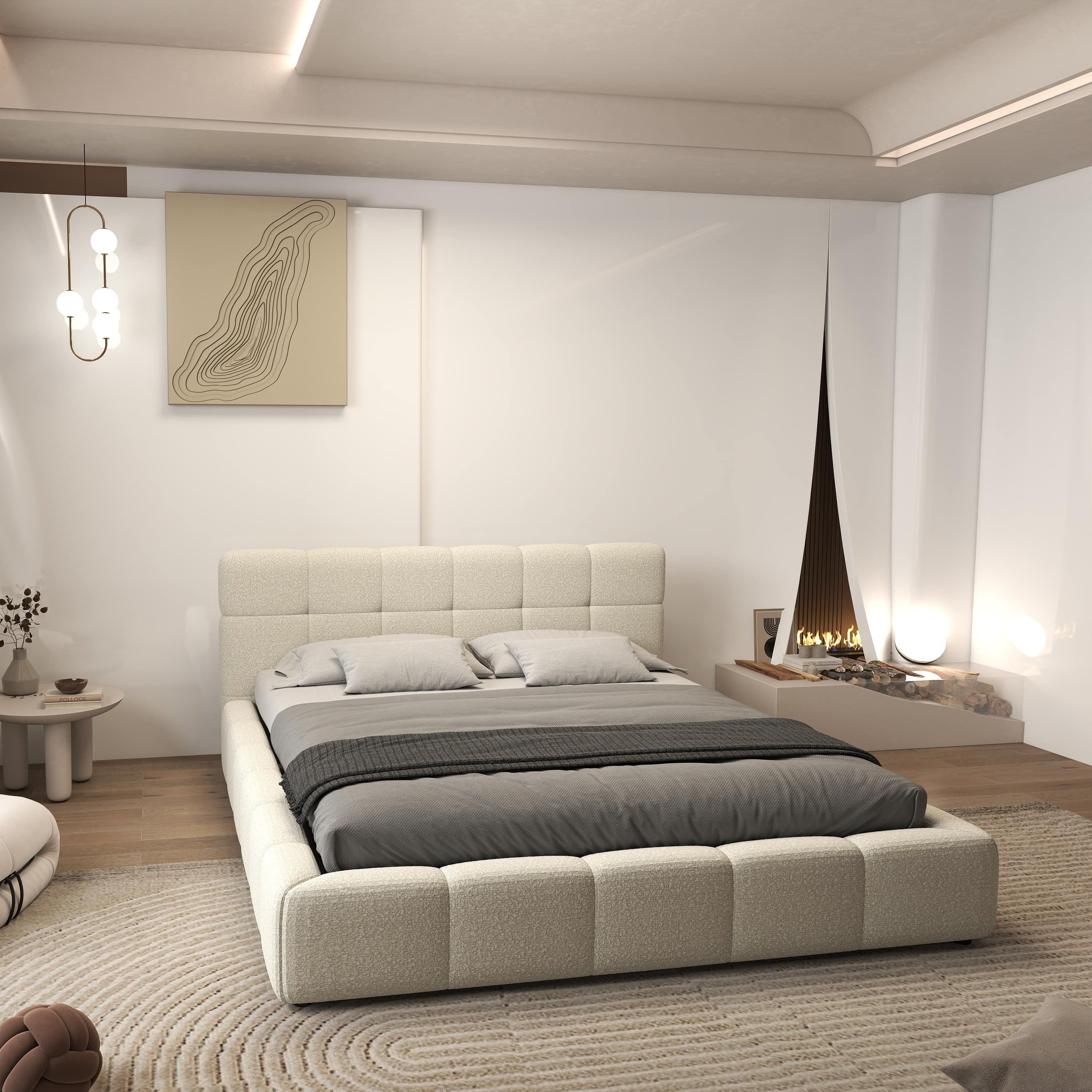 Pat dormitor dumonde, tapitat bej, Lorenzo 140x200 cm, somiera rabatabila inclusa, spatiu depozitare WLS