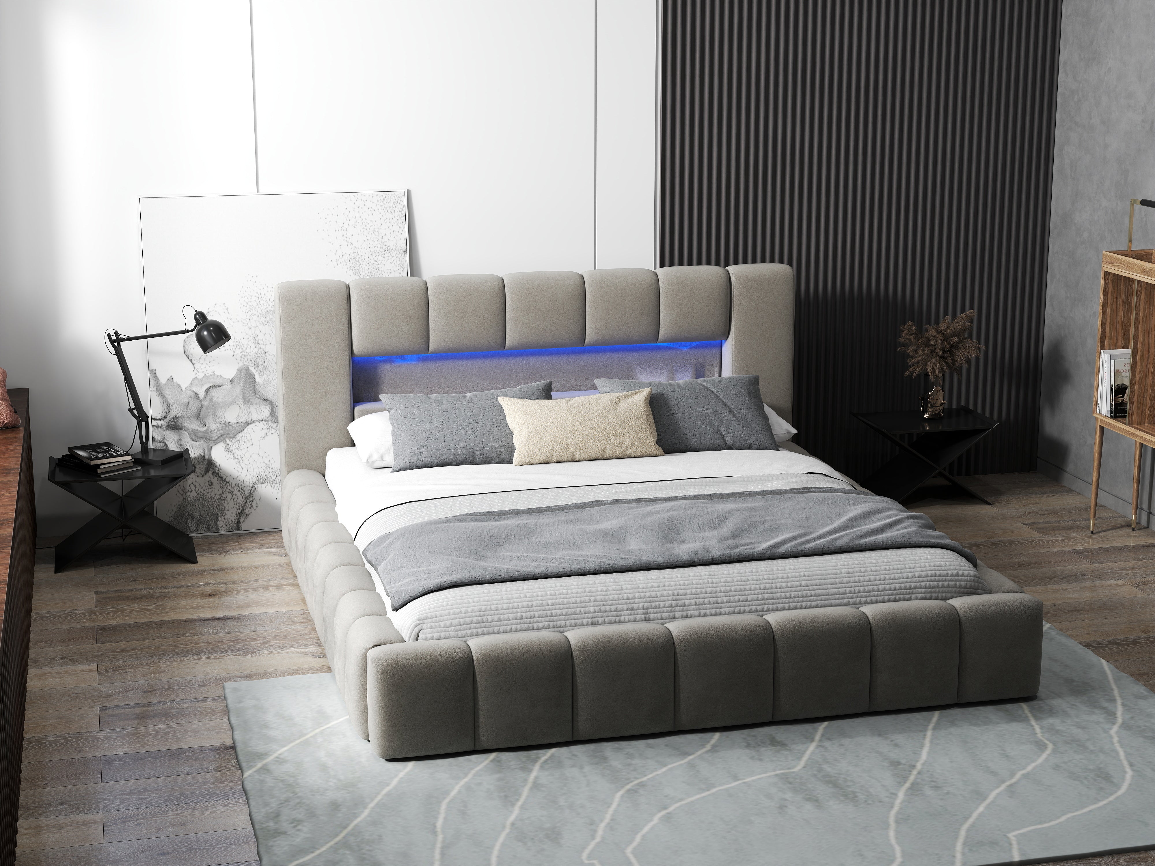 Pat dormitor dumonde, tapitat bej cu LED si USB, Palermo 140x200 cm, somiera rabatabila inclusa, spatiu depozitare WLS